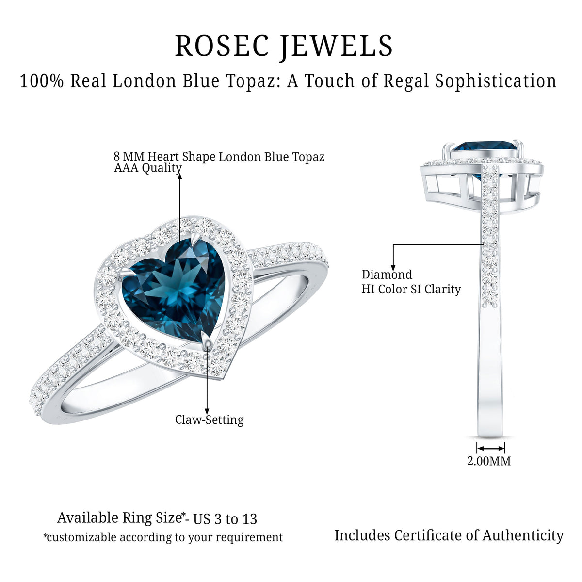 Heart Shaped London Blue Topaz Engagement Ring with Diamond Halo AAA - Rosec Jewels