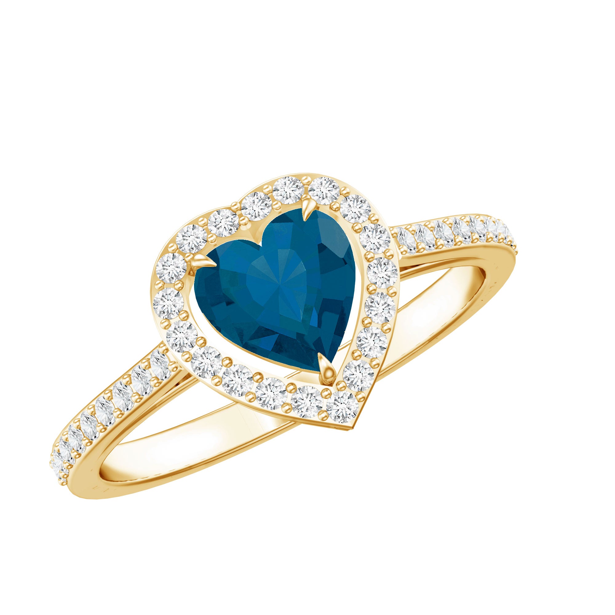 Heart Shaped London Blue Topaz Engagement Ring with Diamond Halo AAA - Rosec Jewels