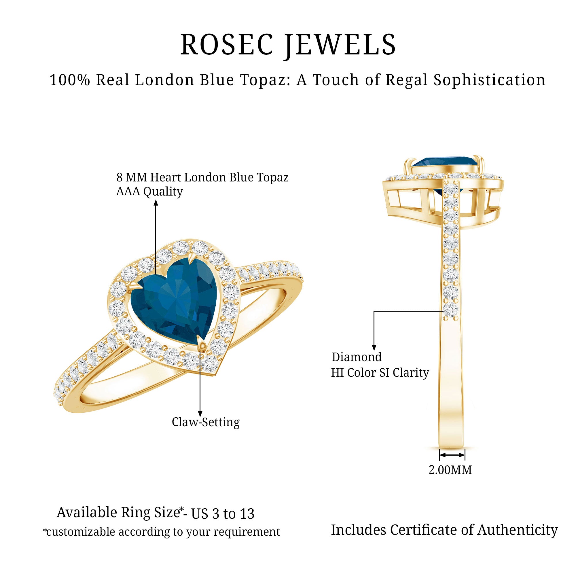 Heart Shaped London Blue Topaz Engagement Ring with Diamond Halo AAA - Rosec Jewels