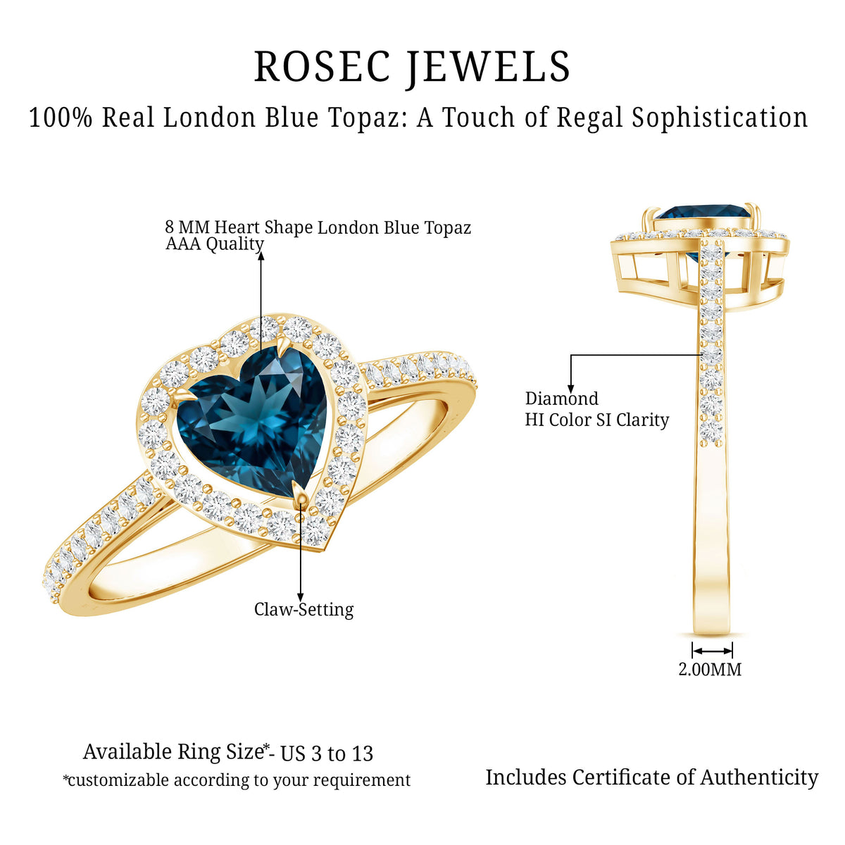 Heart Shaped London Blue Topaz Engagement Ring with Diamond Halo AAA - Rosec Jewels