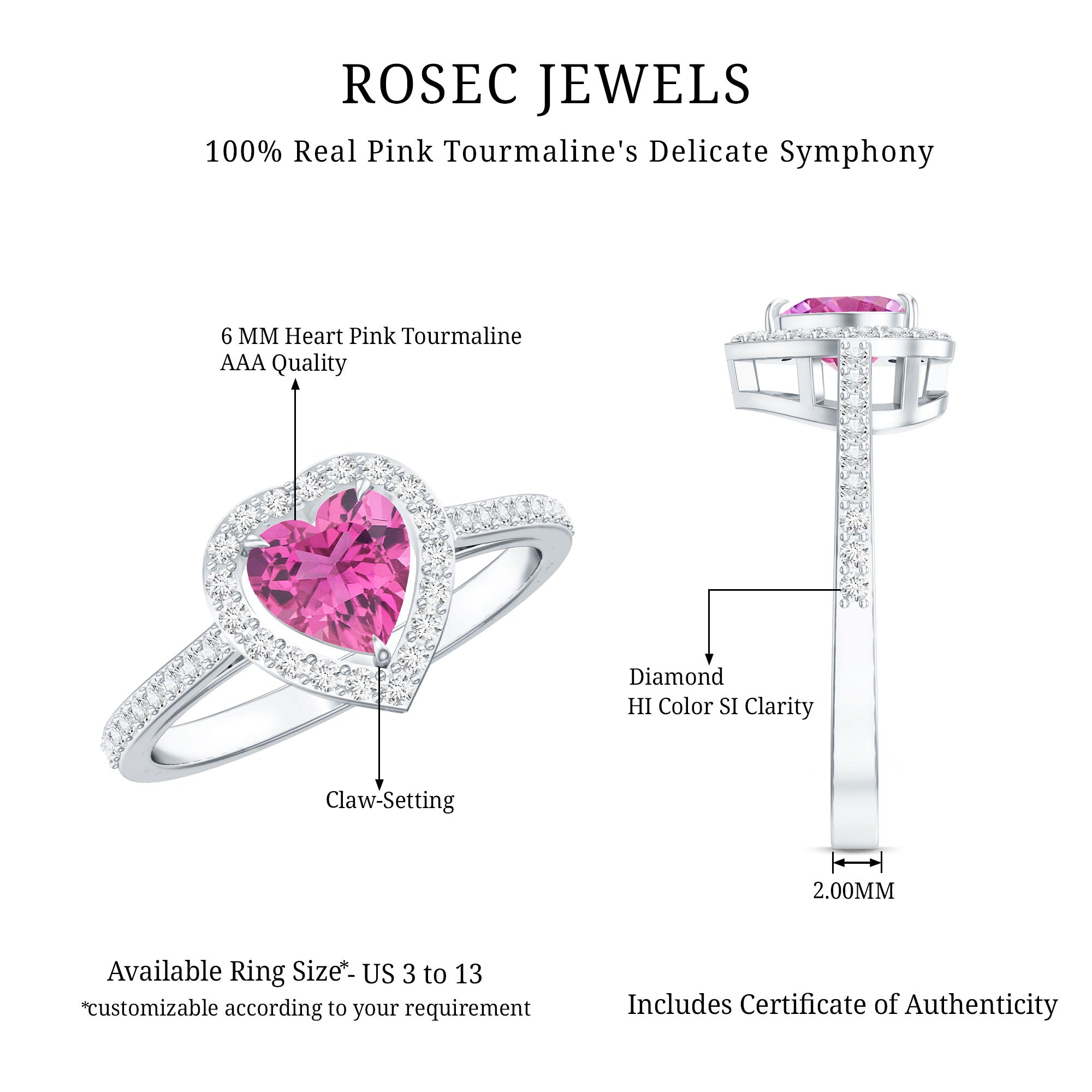 Rosec Jewels-Heart Shape Pink Tourmaline Engagement Ring with Diamond Halo