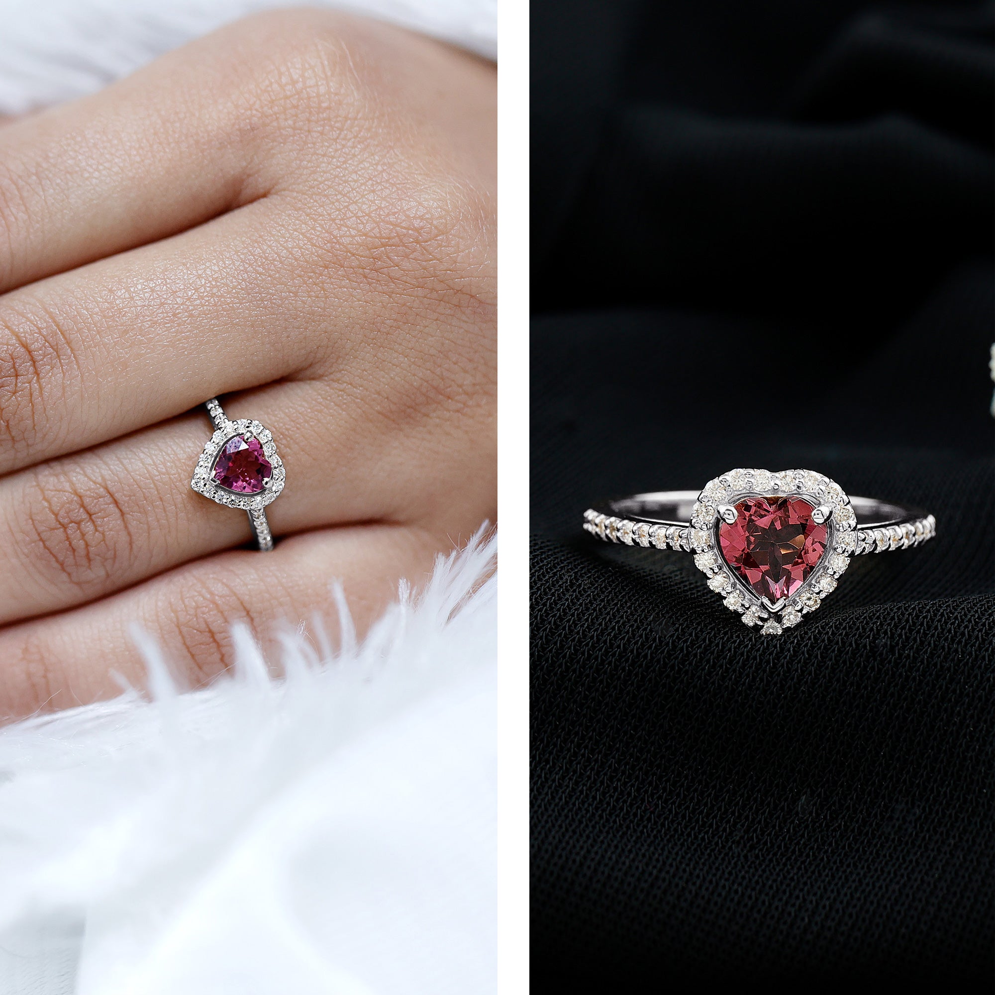 Rosec Jewels-Heart Shape Pink Tourmaline Engagement Ring with Diamond Halo