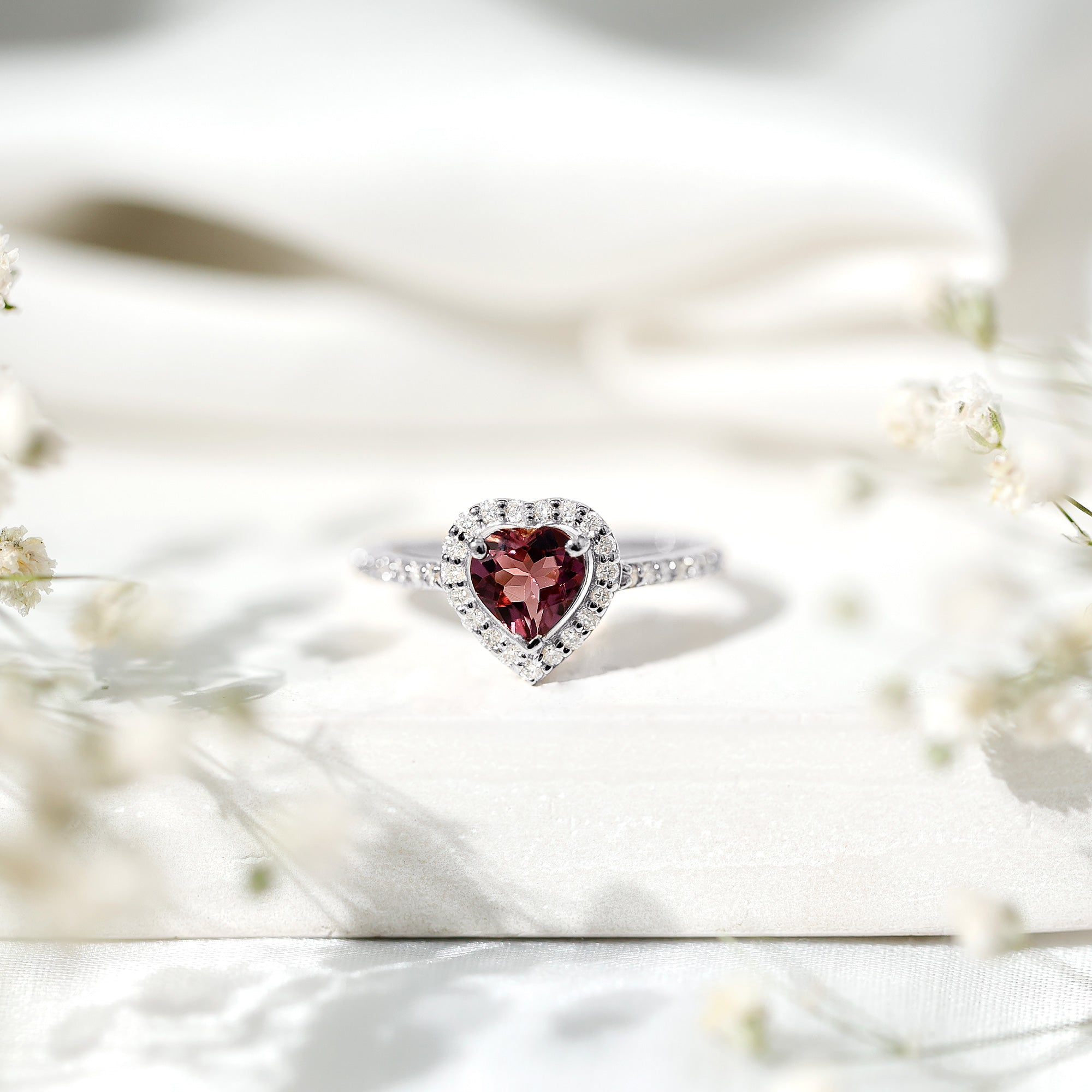 Rosec Jewels-Heart Shape Pink Tourmaline Engagement Ring with Diamond Halo