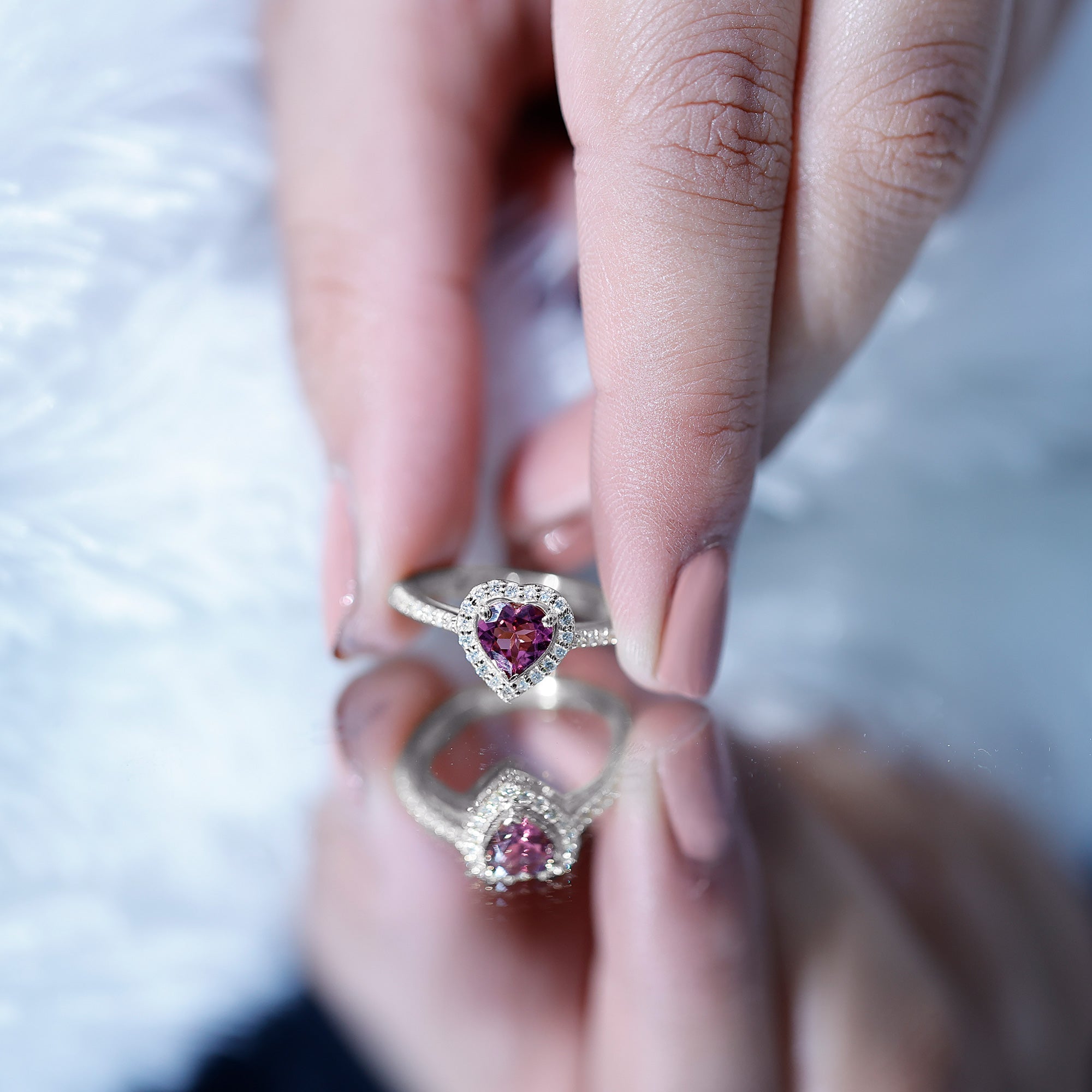 Rosec Jewels-Heart Shape Pink Tourmaline Engagement Ring with Diamond Halo