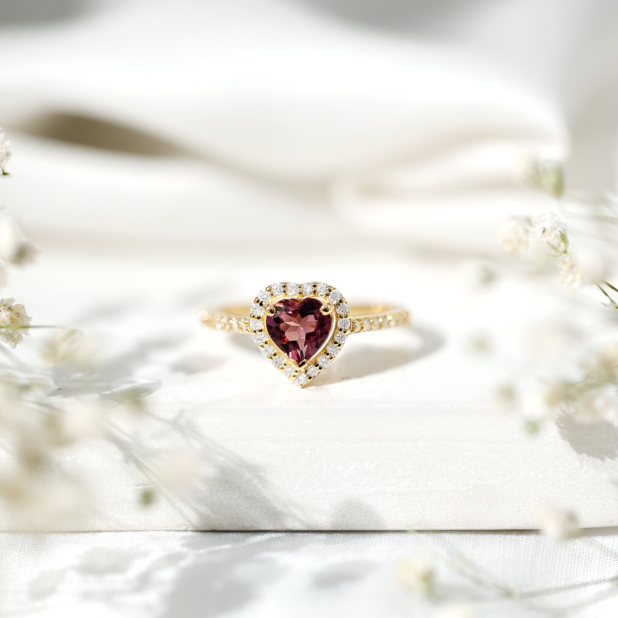 Rosec Jewels-Heart Shape Pink Tourmaline Engagement Ring with Diamond Halo