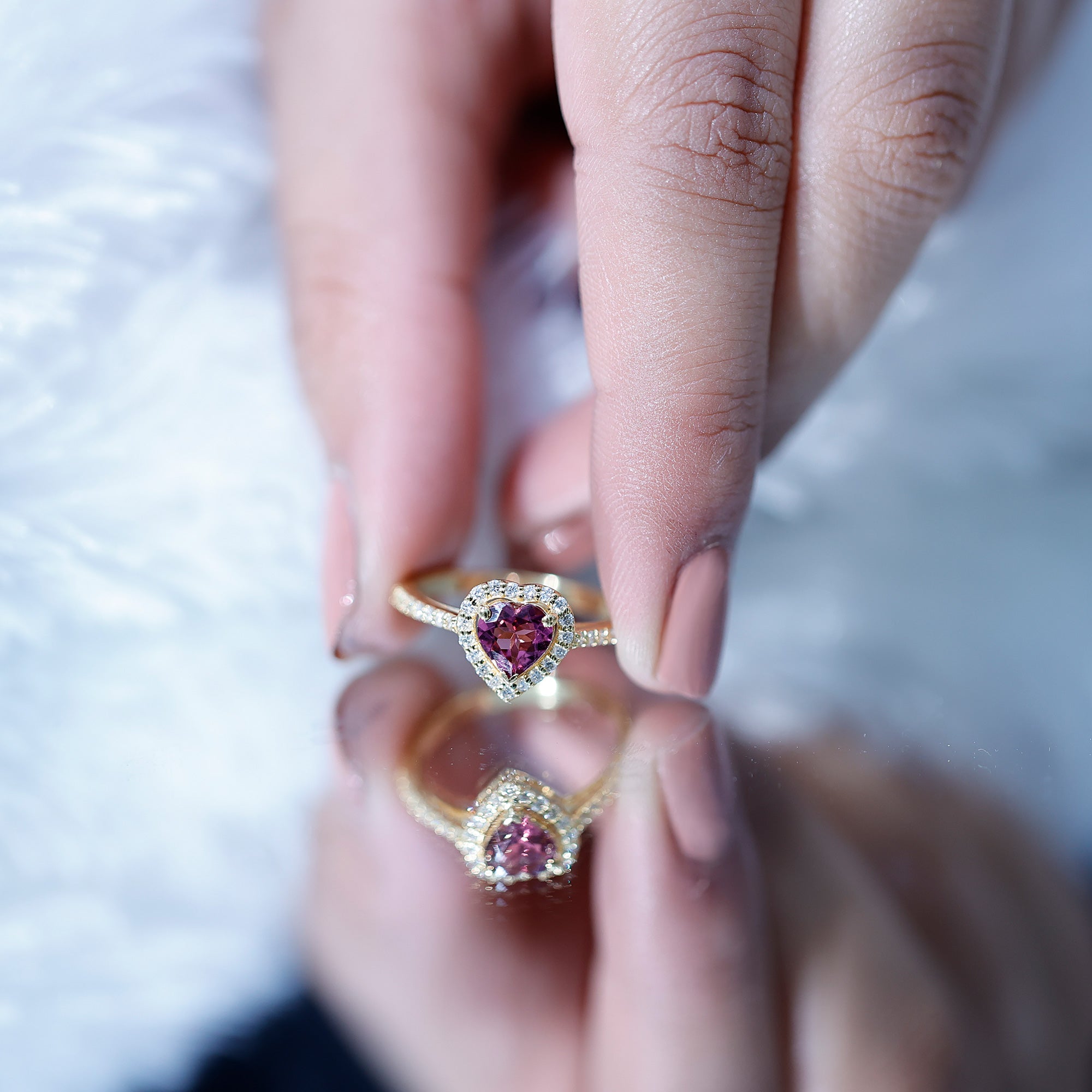 Rosec Jewels-Heart Shape Pink Tourmaline Engagement Ring with Diamond Halo