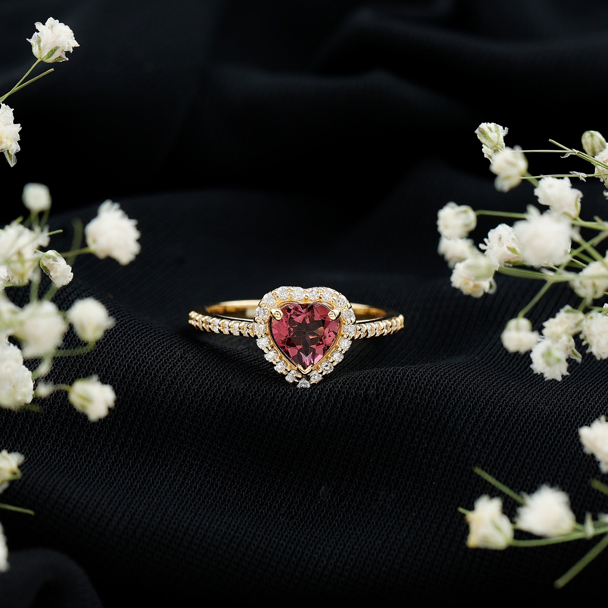 Rosec Jewels-Heart Shape Pink Tourmaline Engagement Ring with Diamond Halo