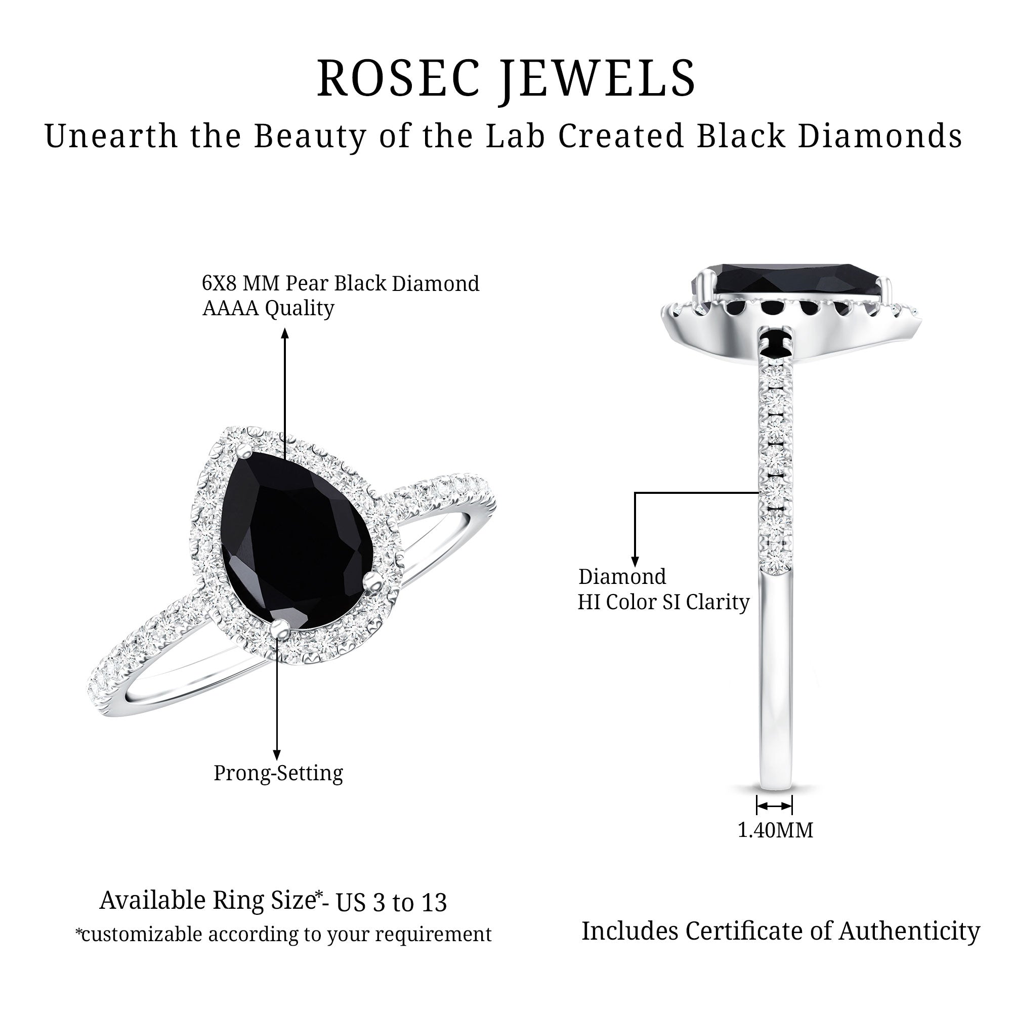 Certified 0.85 Carat Lab Grown Black Diamond Teardrop Engagement Ring with White Diamond AAAA ( Synthetic ) - Rosec Jewels