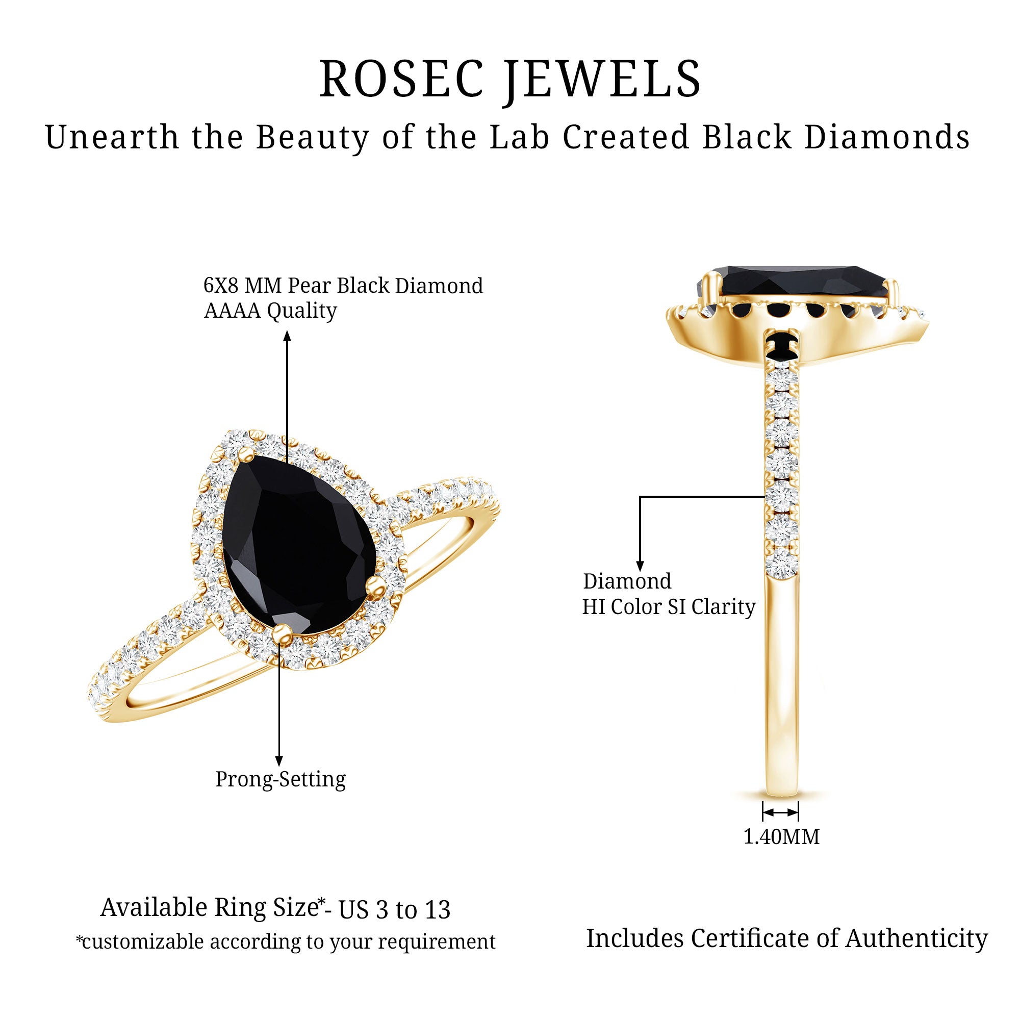 Certified 0.85 Carat Lab Grown Black Diamond Teardrop Engagement Ring with White Diamond AAAA ( Synthetic ) - Rosec Jewels