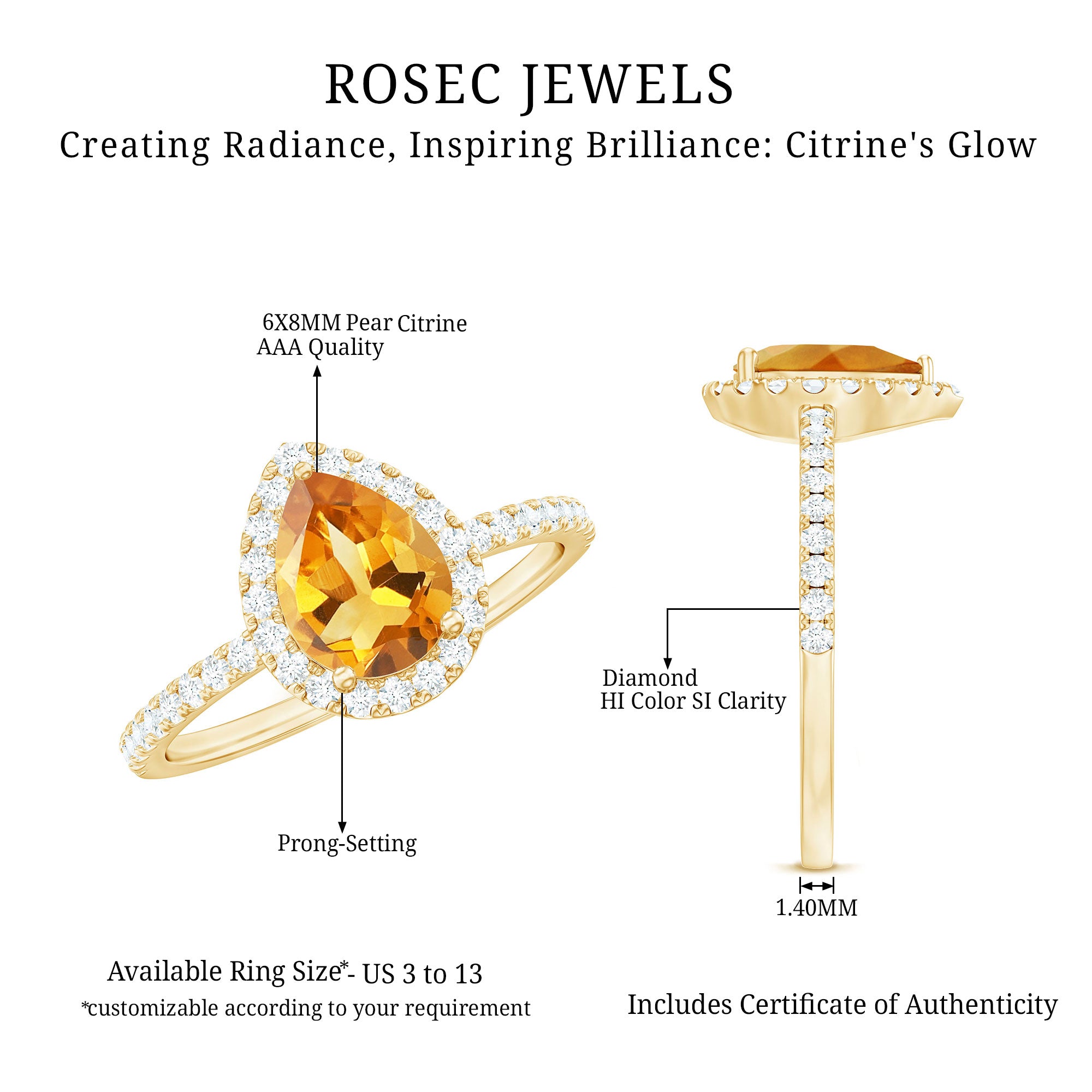 Natural 6X8mm Pear Shape Citrine Engagement Ring with Diamond Halo AAA - Rosec Jewels