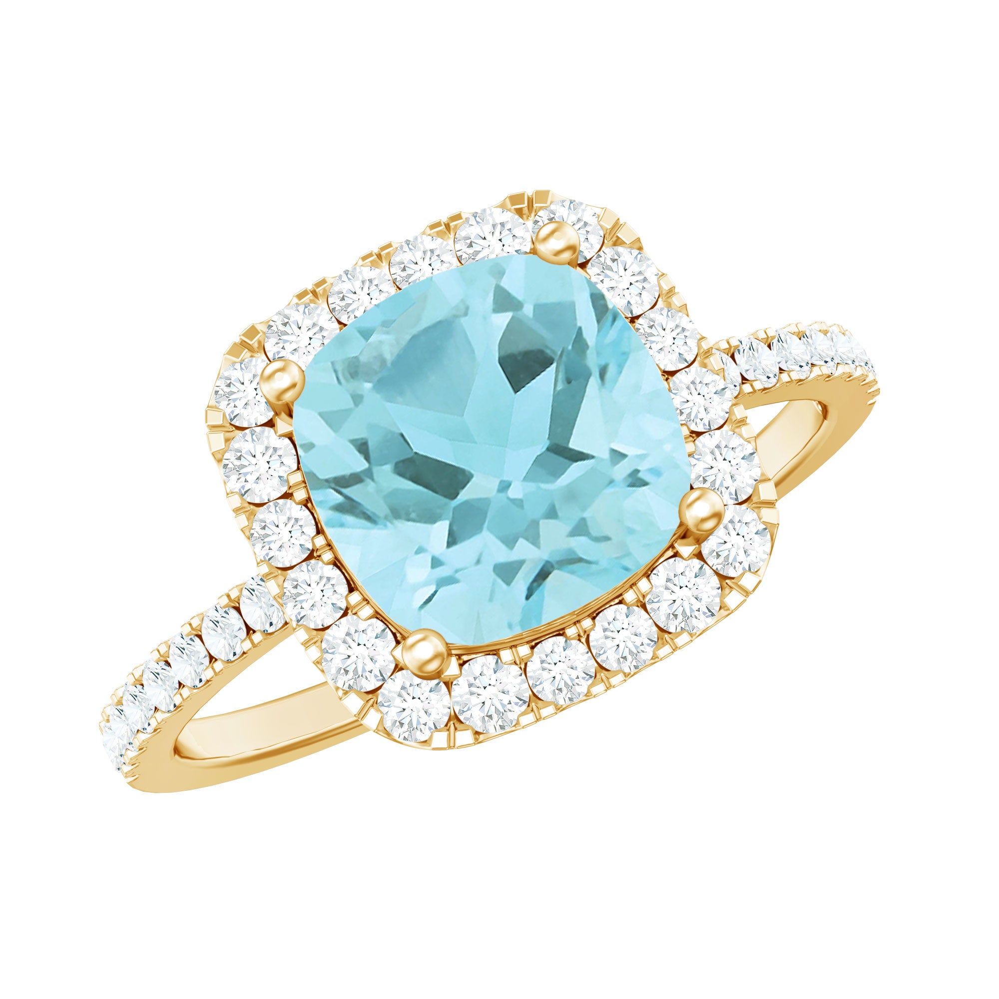 2 Carat Cushion Cut Sky Blue Topaz and Diamond Engagement Ring AAA 14K Yellow Gold Plated Silver - Rosec Jewels