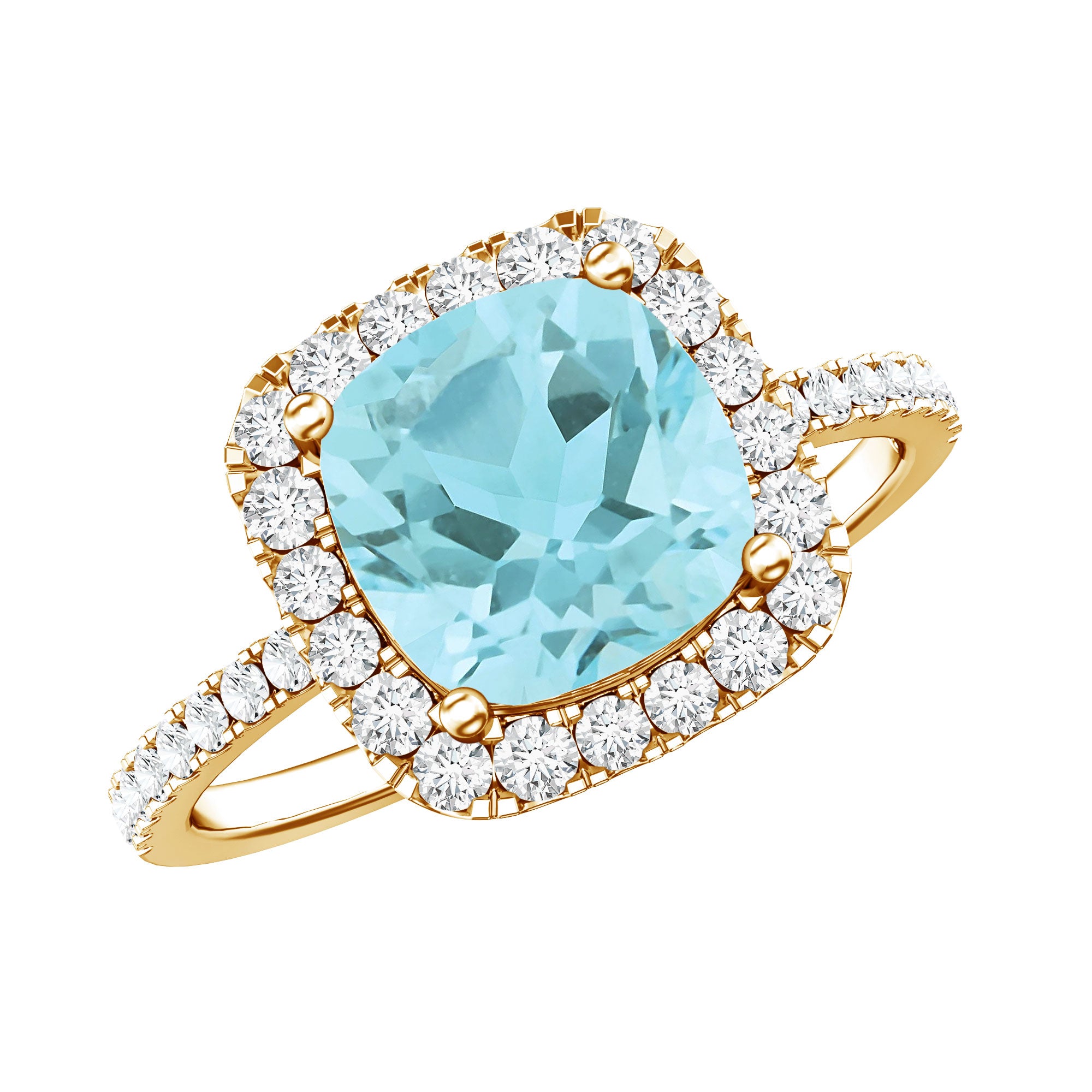 2 Carat Cushion Cut Sky Blue Topaz and Diamond Engagement Ring AAA 14K Yellow Gold Plated Silver - Rosec Jewels