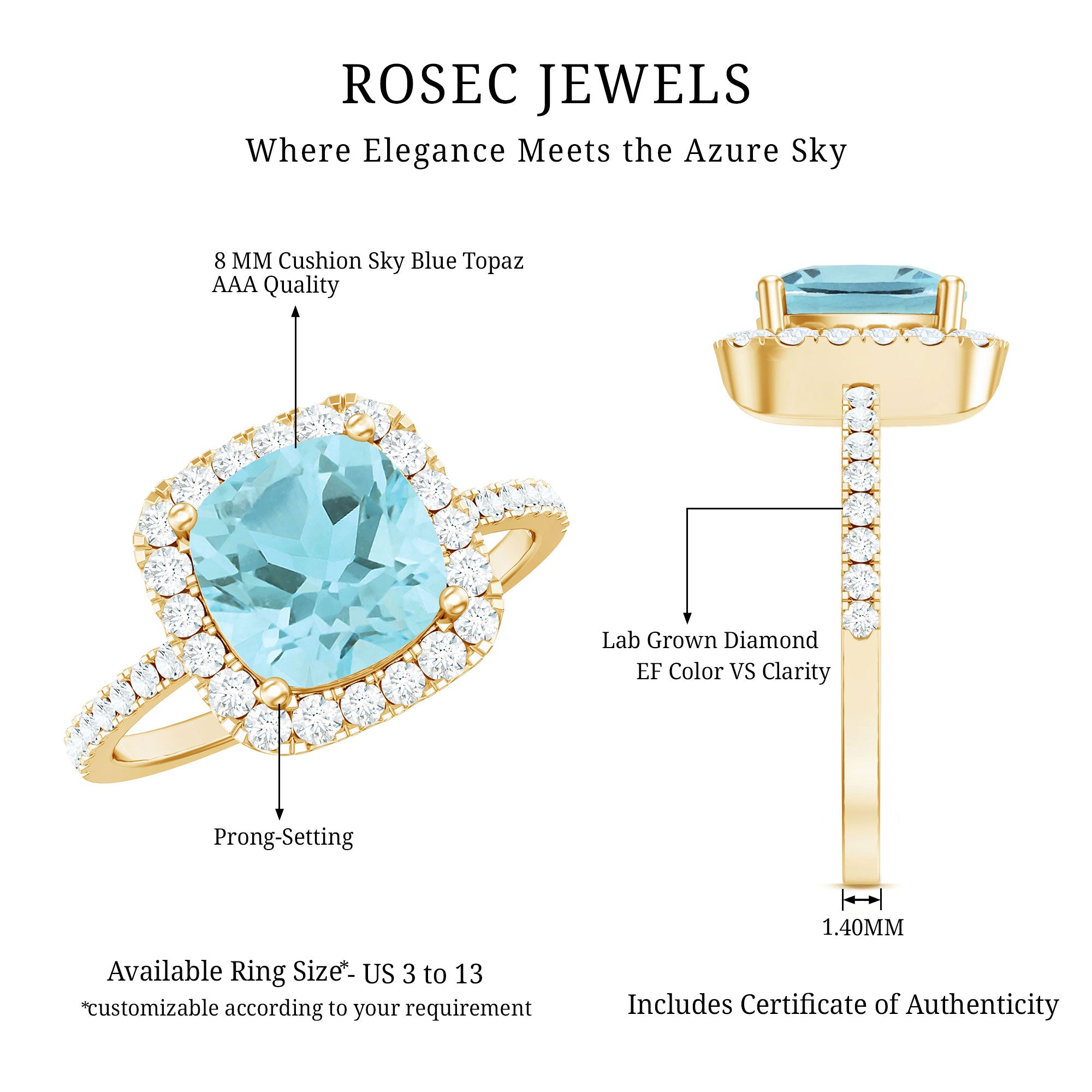 2 Carat Cushion Cut Sky Blue Topaz and Diamond Engagement Ring AAA 14K Yellow Gold Plated Silver - Rosec Jewels