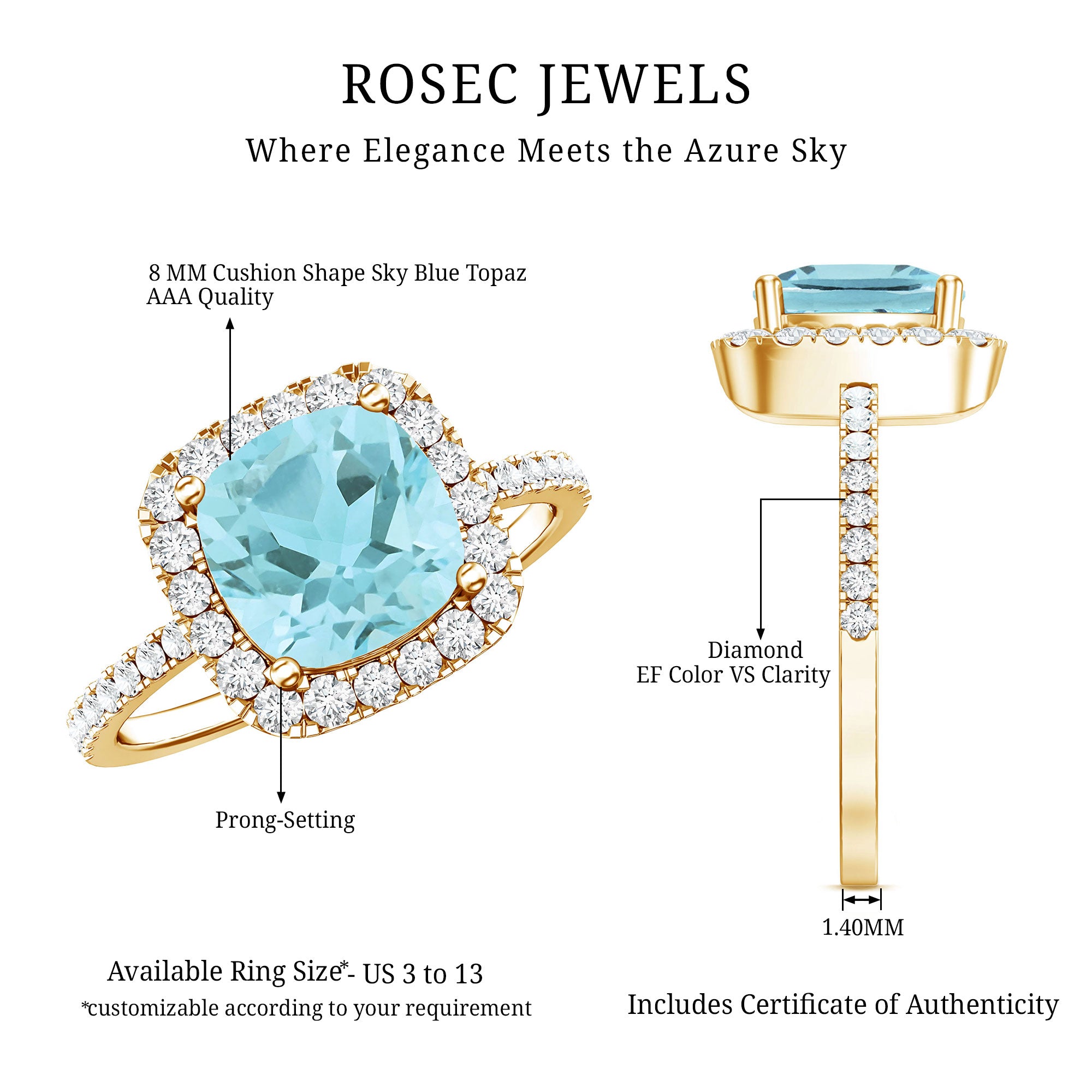 2 Carat Cushion Cut Sky Blue Topaz and Diamond Engagement Ring AAA 14K Yellow Gold Plated Silver - Rosec Jewels