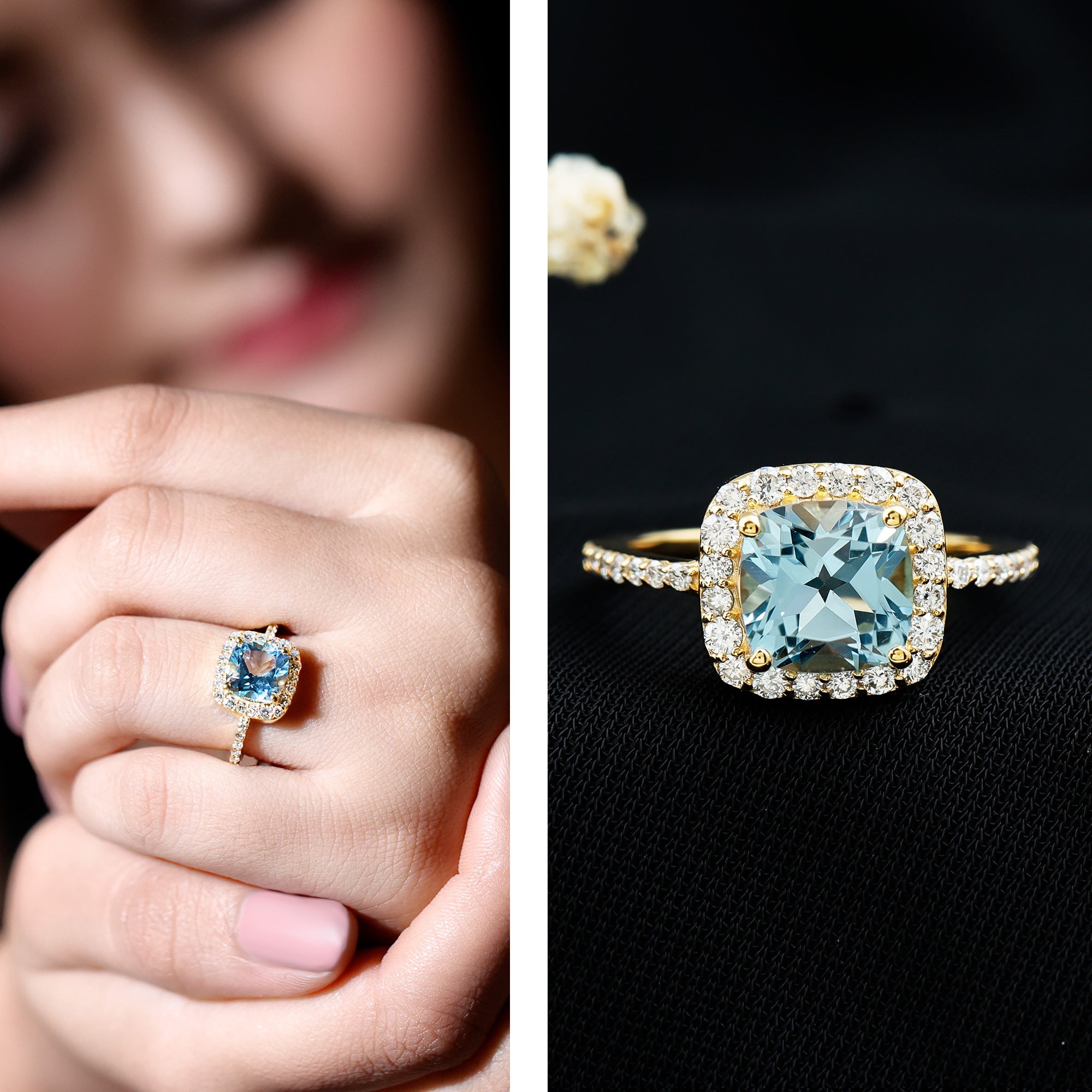 2 Carat Cushion Cut Sky Blue Topaz and Diamond Engagement Ring AAA 14K Yellow Gold Plated Silver - Rosec Jewels