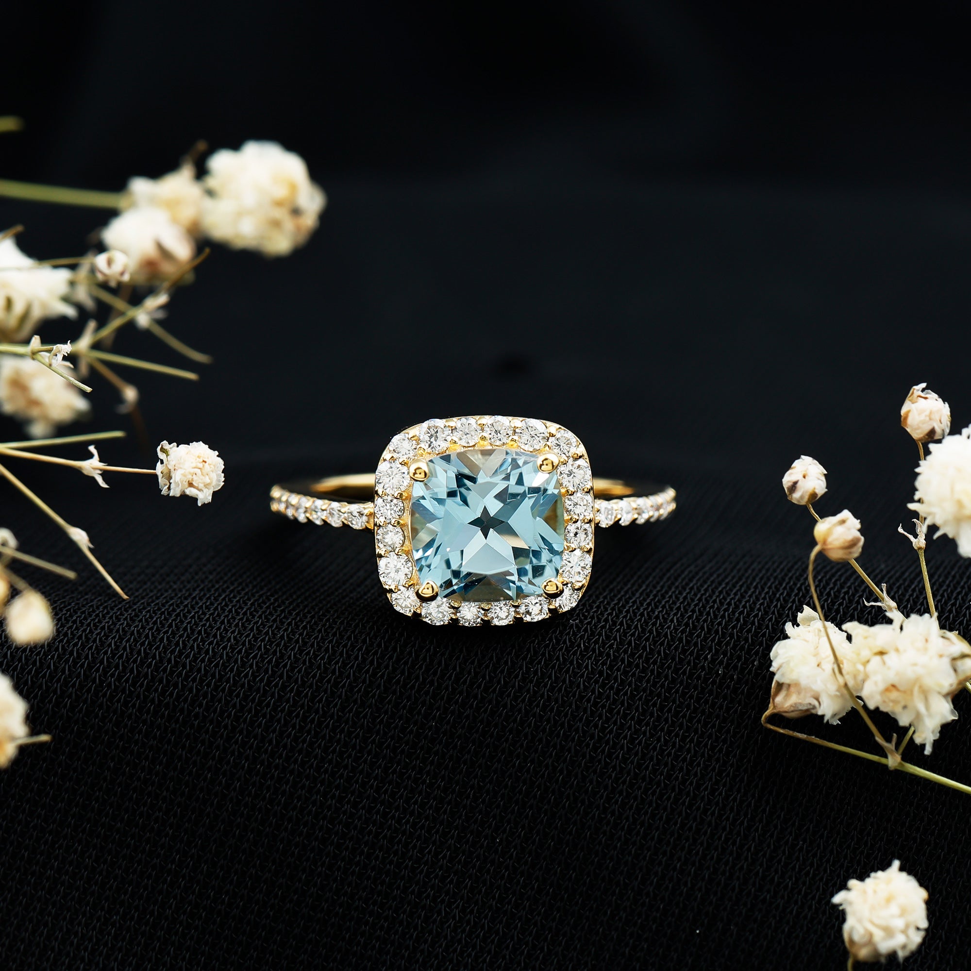 2 Carat Cushion Cut Sky Blue Topaz and Diamond Engagement Ring AAA 14K Yellow Gold Plated Silver - Rosec Jewels