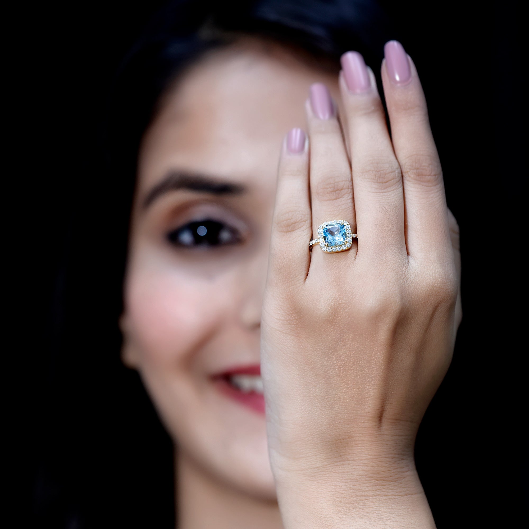 2 Carat Cushion Cut Sky Blue Topaz and Diamond Engagement Ring AAA 14K Yellow Gold Plated Silver - Rosec Jewels