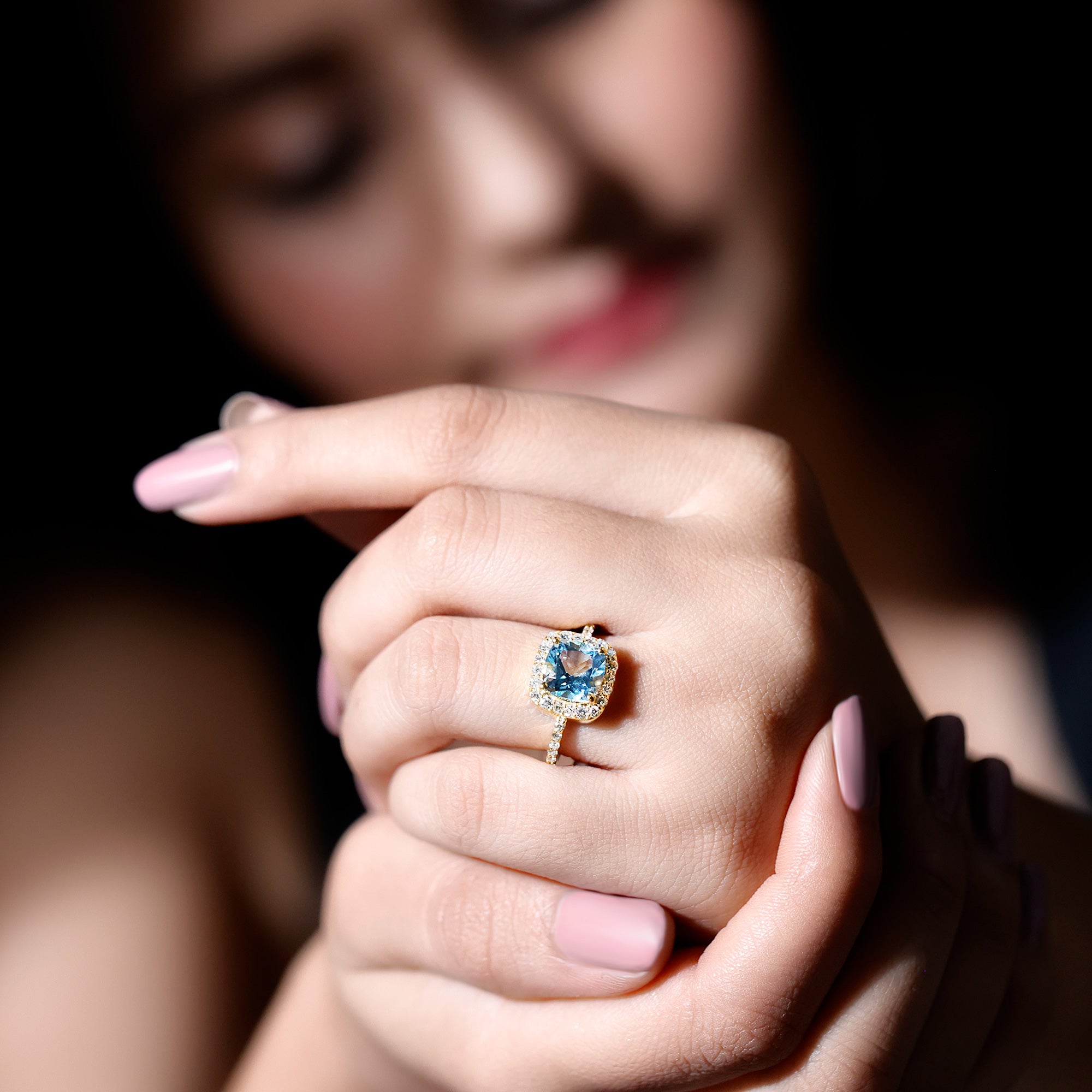 2 Carat Cushion Cut Sky Blue Topaz and Diamond Engagement Ring AAA 14K Yellow Gold Plated Silver - Rosec Jewels