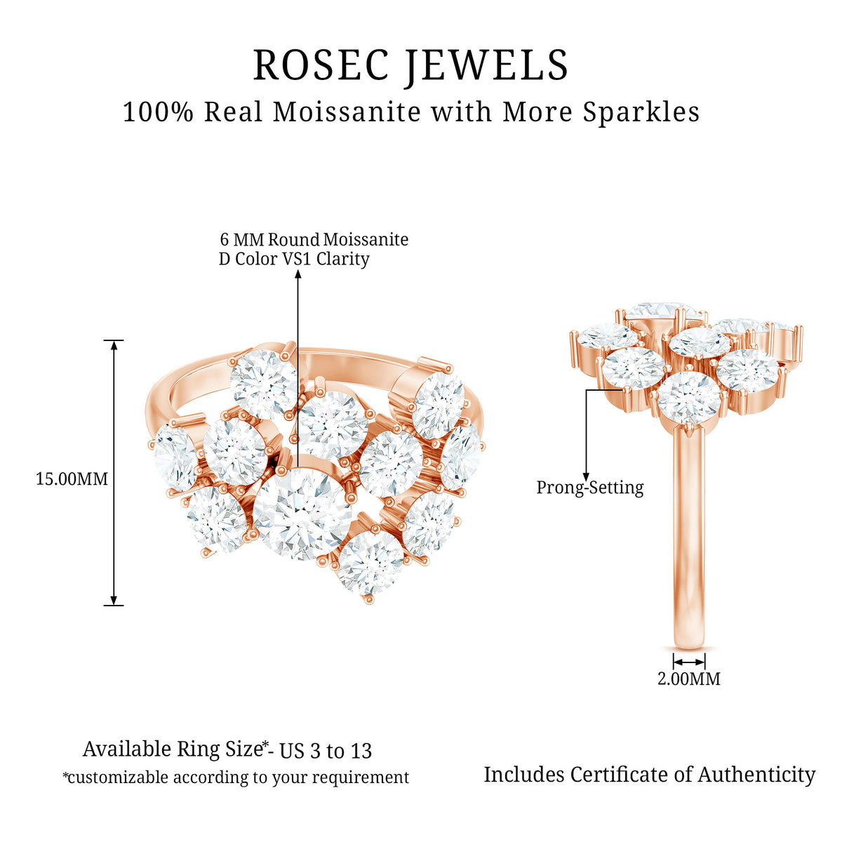 Certified Round Moissanite Cluster Engagement Ring for Women D-VS1 - Rosec Jewels