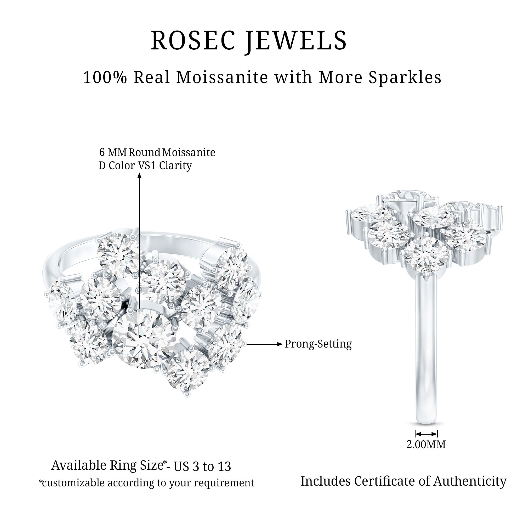 Certified Moissanite Cluster Statement Ring in Silver D-VS1 92.5 Sterling Silver - Rosec Jewels