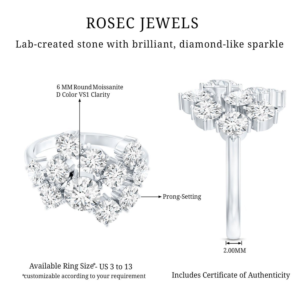 Certified 4 Carat Moissanite Cluster Statement Ring in Silver D-VS1 92.5 Sterling Silver - Rosec Jewels