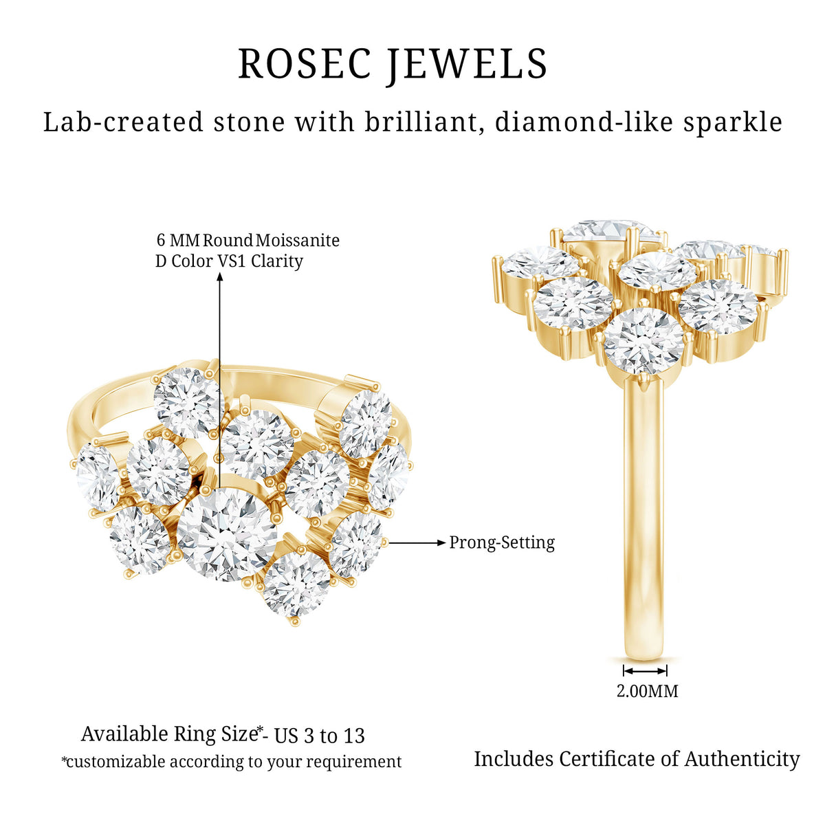 Certified 4 Carat Moissanite Cluster Statement Ring in Silver D-VS1 14K Yellow Gold Plated Silver - Rosec Jewels