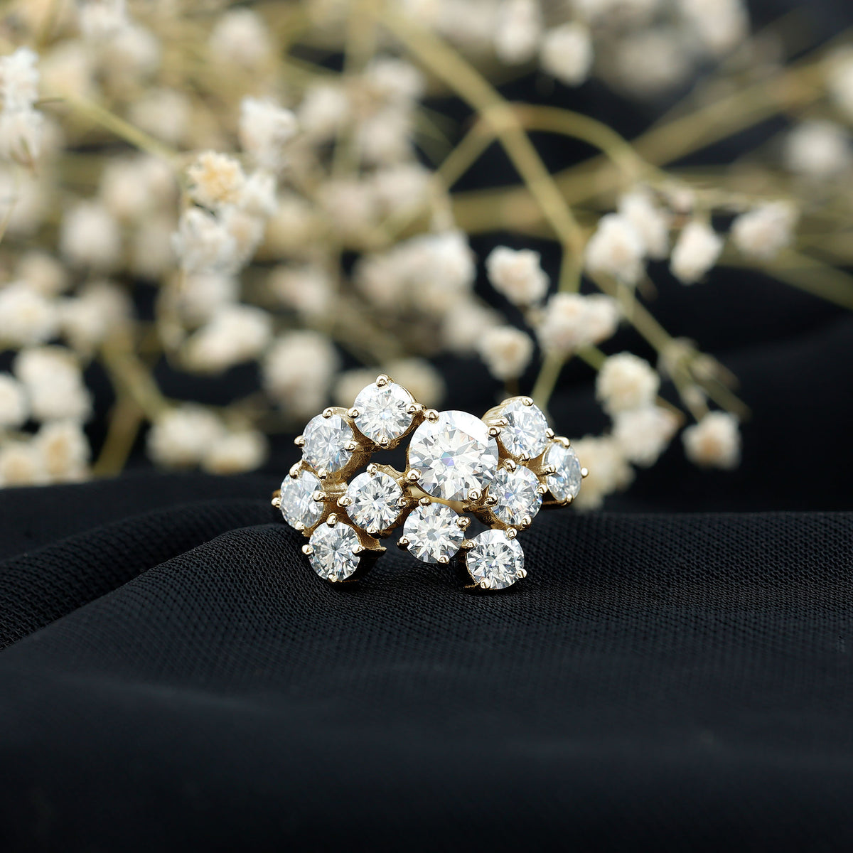 Certified 4 Carat Moissanite Cluster Statement Ring in Silver D-VS1 14K Yellow Gold Plated Silver - Rosec Jewels