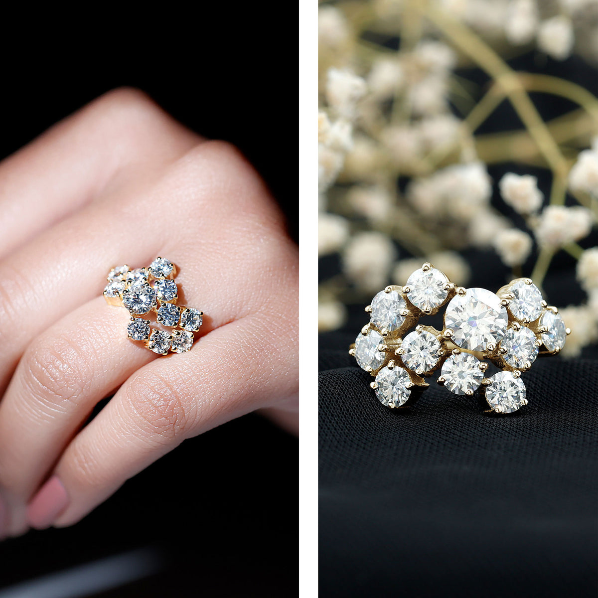 Certified 4 Carat Moissanite Cluster Statement Ring in Silver D-VS1 14K Yellow Gold Plated Silver - Rosec Jewels