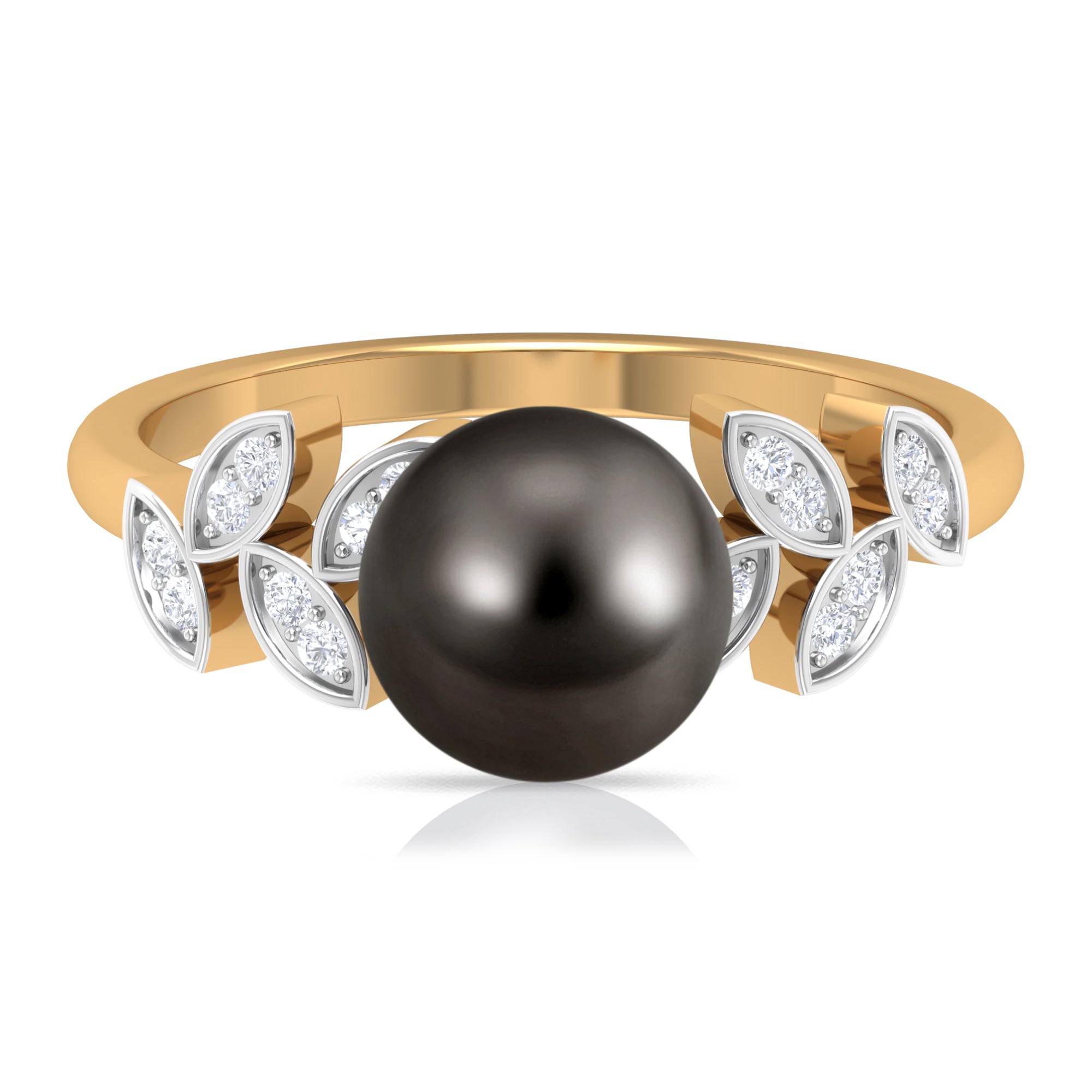 Tahitian Black Pearl and Diamond Leaf Minimal Engagement Ring AAA - Rosec Jewels