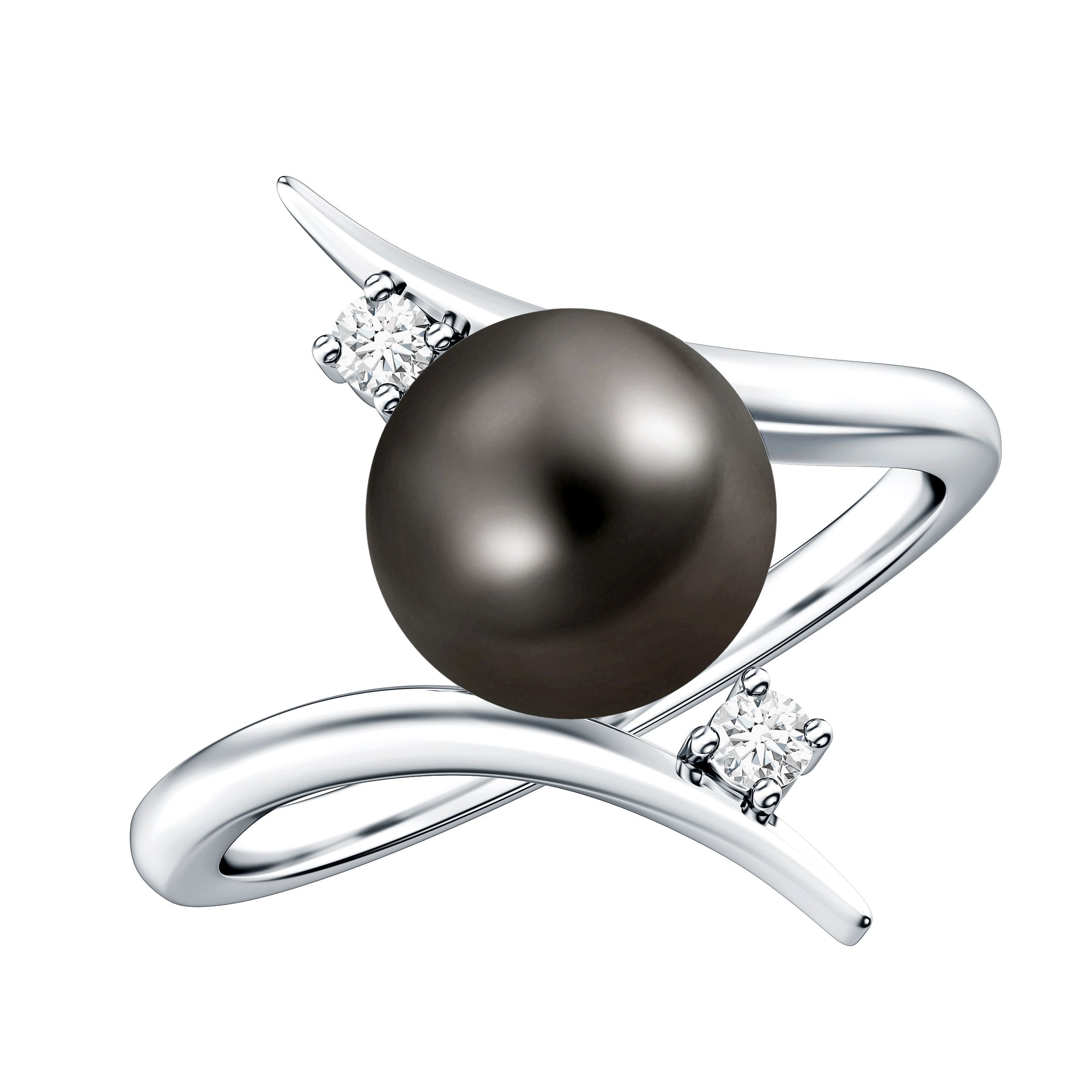 Tahitian Black Pearl Bypass Engagement Ring with Diamond AAA - Rosec Jewels