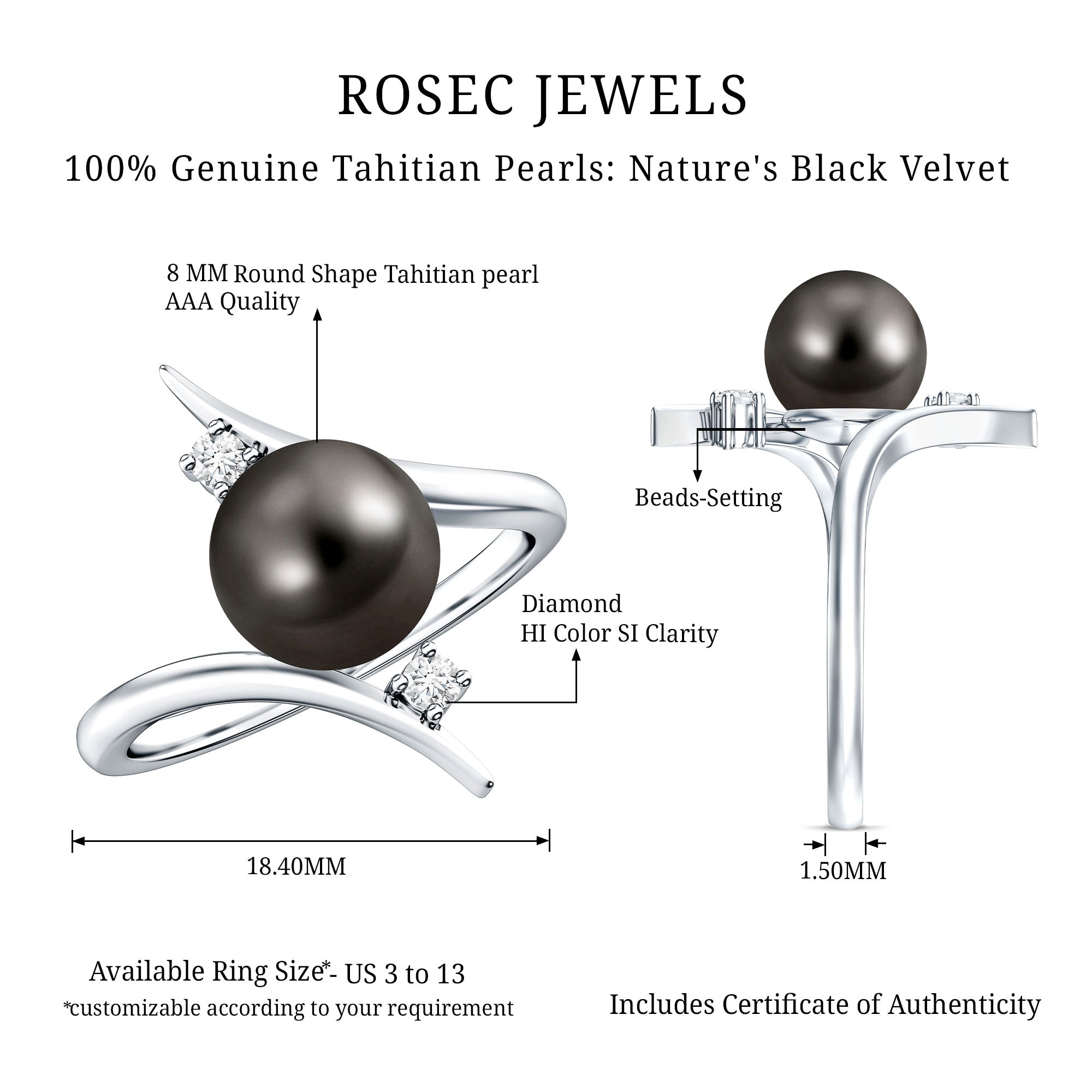 Tahitian Black Pearl Bypass Engagement Ring with Diamond AAA - Rosec Jewels