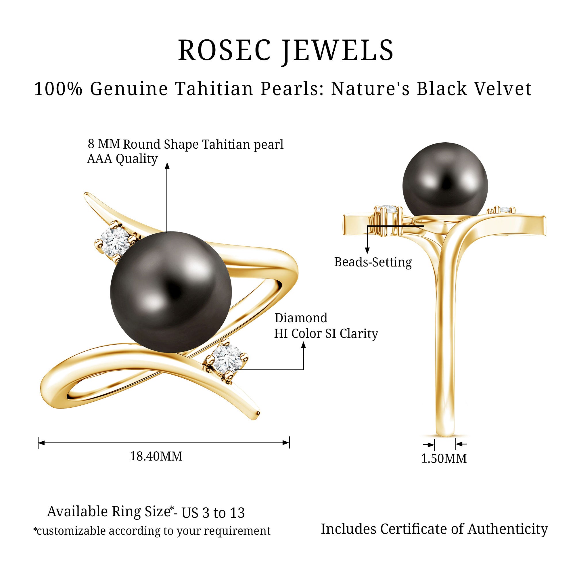 Tahitian Black Pearl Bypass Engagement Ring with Diamond AAA - Rosec Jewels