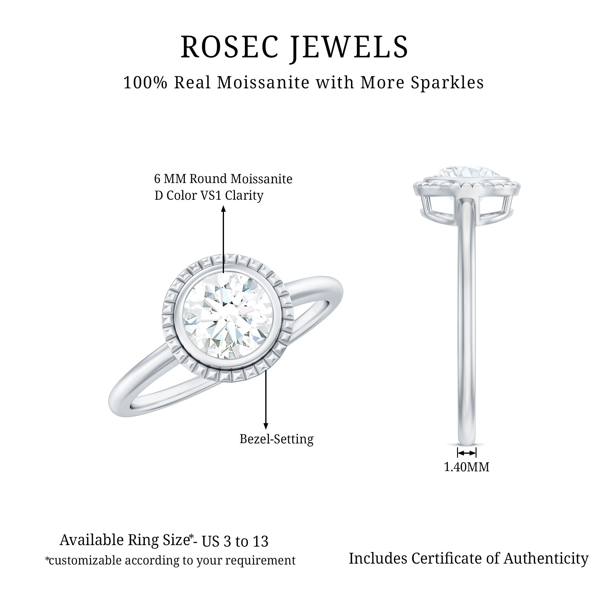 6mm Round Moissanite Solitaire Engagement Ring in Bezel Setting D-VS1 - Rosec Jewels