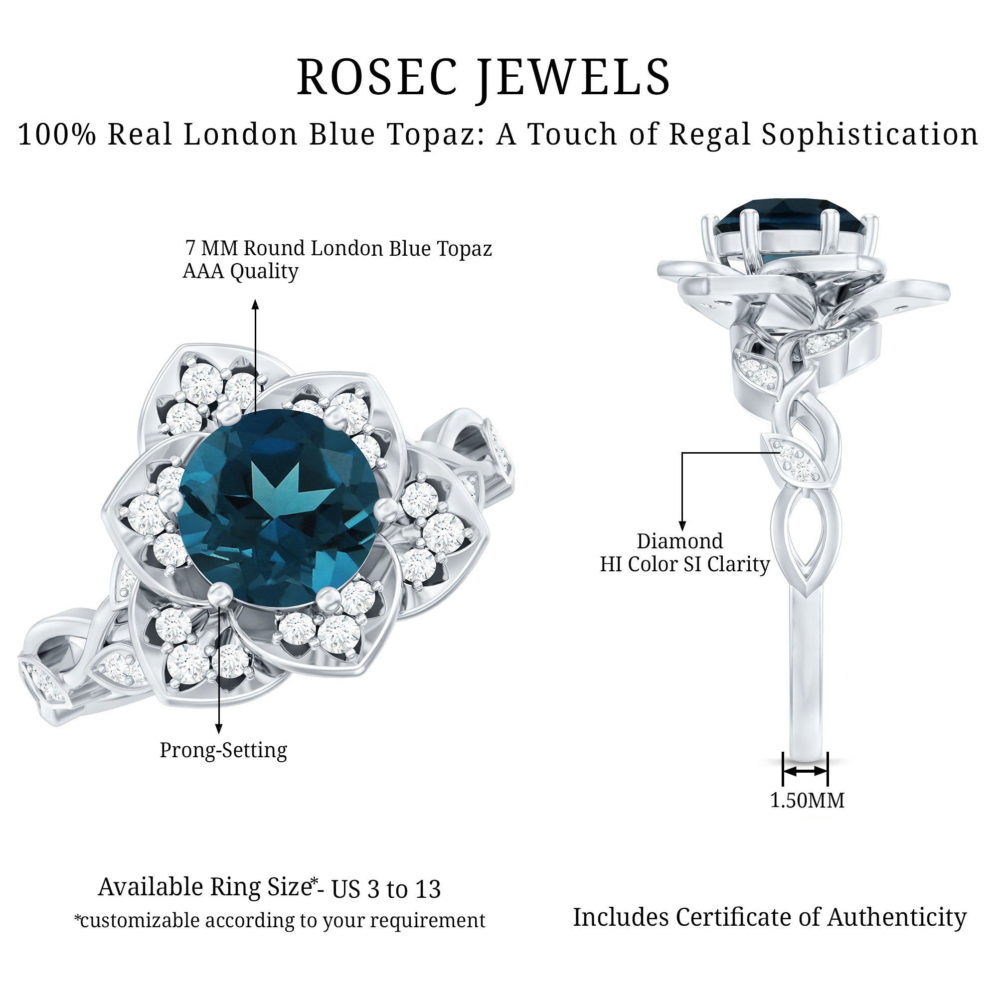 Rosec Jewels-London Blue Topaz and Diamond Cocktail Flower Engagement Ring