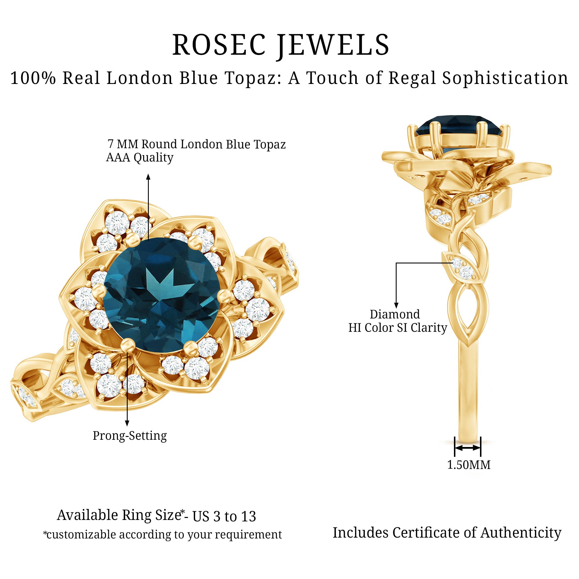 Rosec Jewels-London Blue Topaz and Diamond Cocktail Flower Engagement Ring