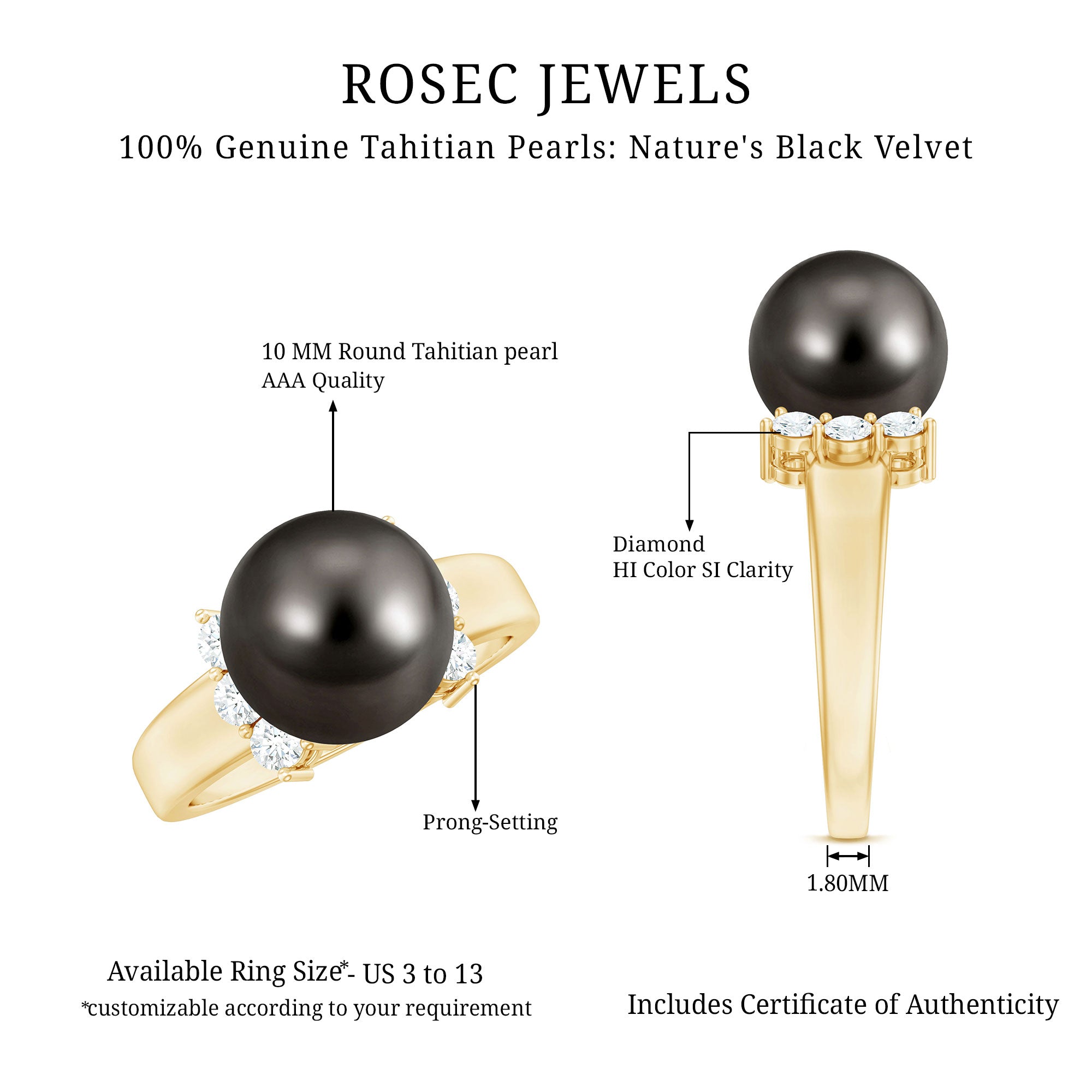 7.50 Carat Real Tahitian Black Pearl Solitaire Engagement Ring AAA - Rosec Jewels