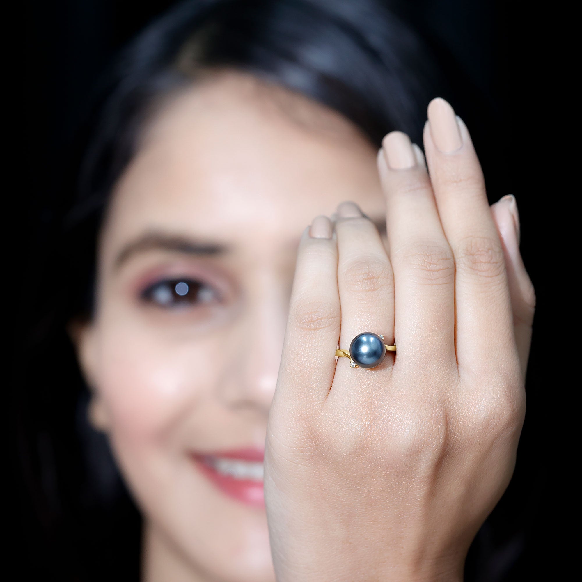 Rosec Jewels-7.5 Carat Solitaire Tahitian Pearl Bypass Engagement Ring with Diamond