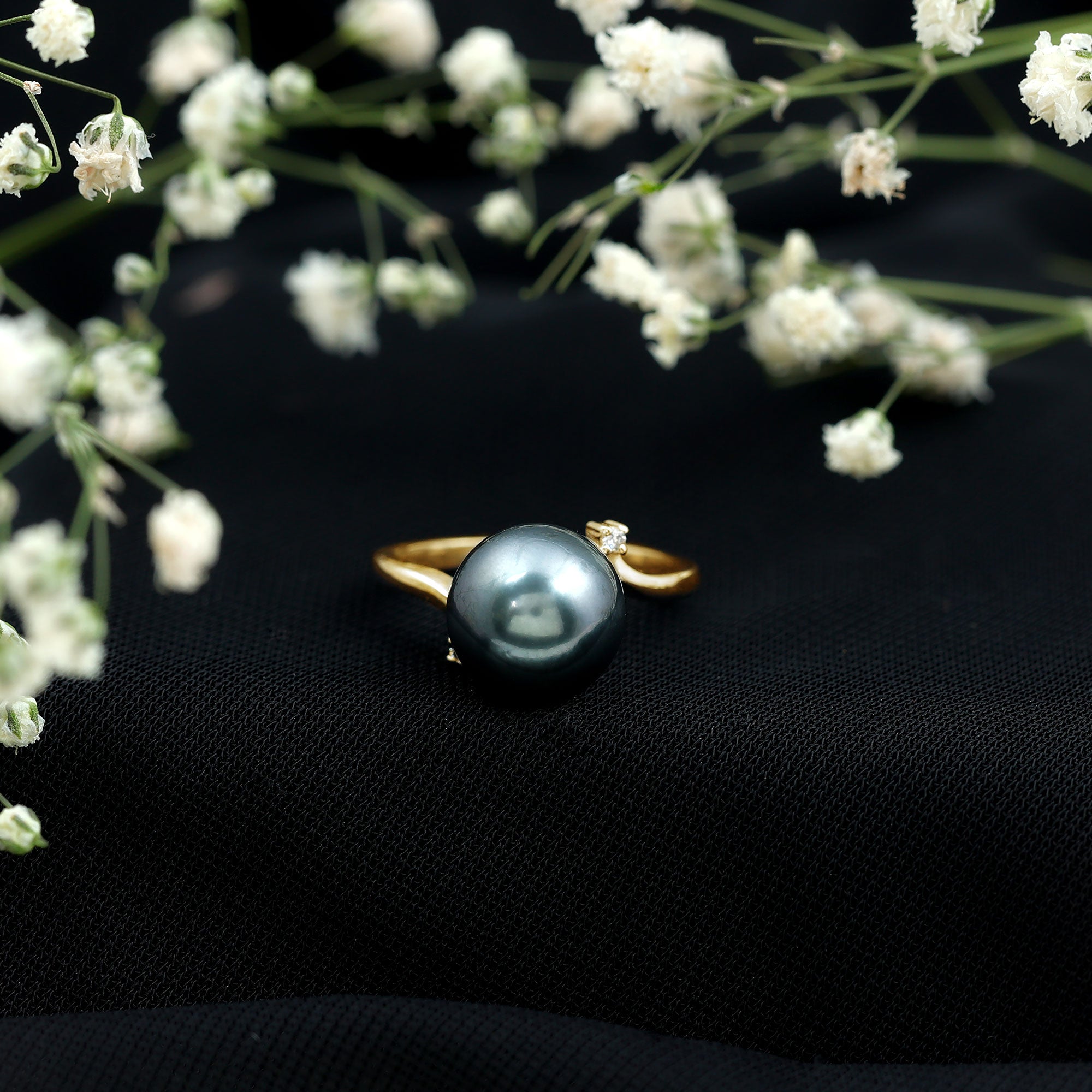 Rosec Jewels-7.5 Carat Solitaire Tahitian Pearl Bypass Engagement Ring with Diamond