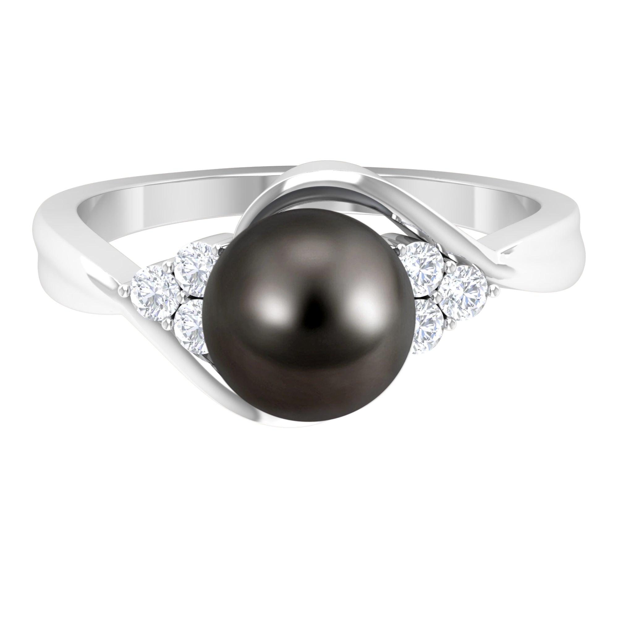 Rosec Jewels-Bypass Tahitian Pearl Engagement Ring with Diamond Trio