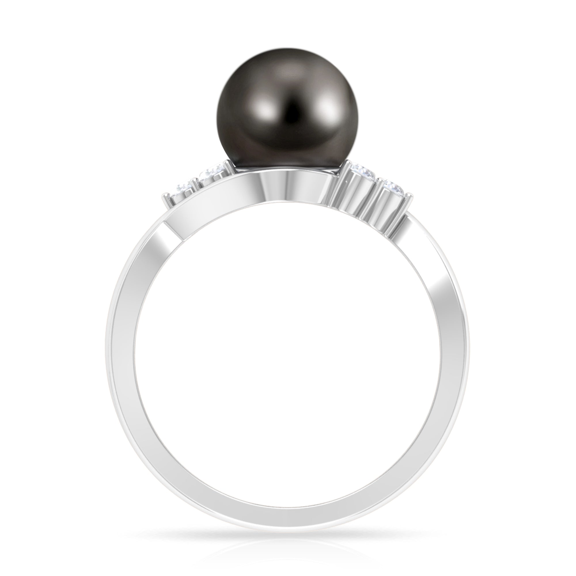 Rosec Jewels-Bypass Tahitian Pearl Engagement Ring with Diamond Trio
