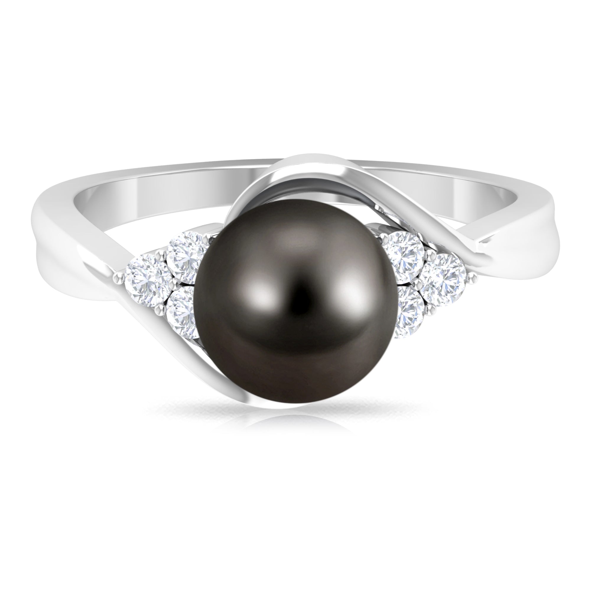 Rosec Jewels-Bypass Tahitian Pearl Engagement Ring with Diamond Trio