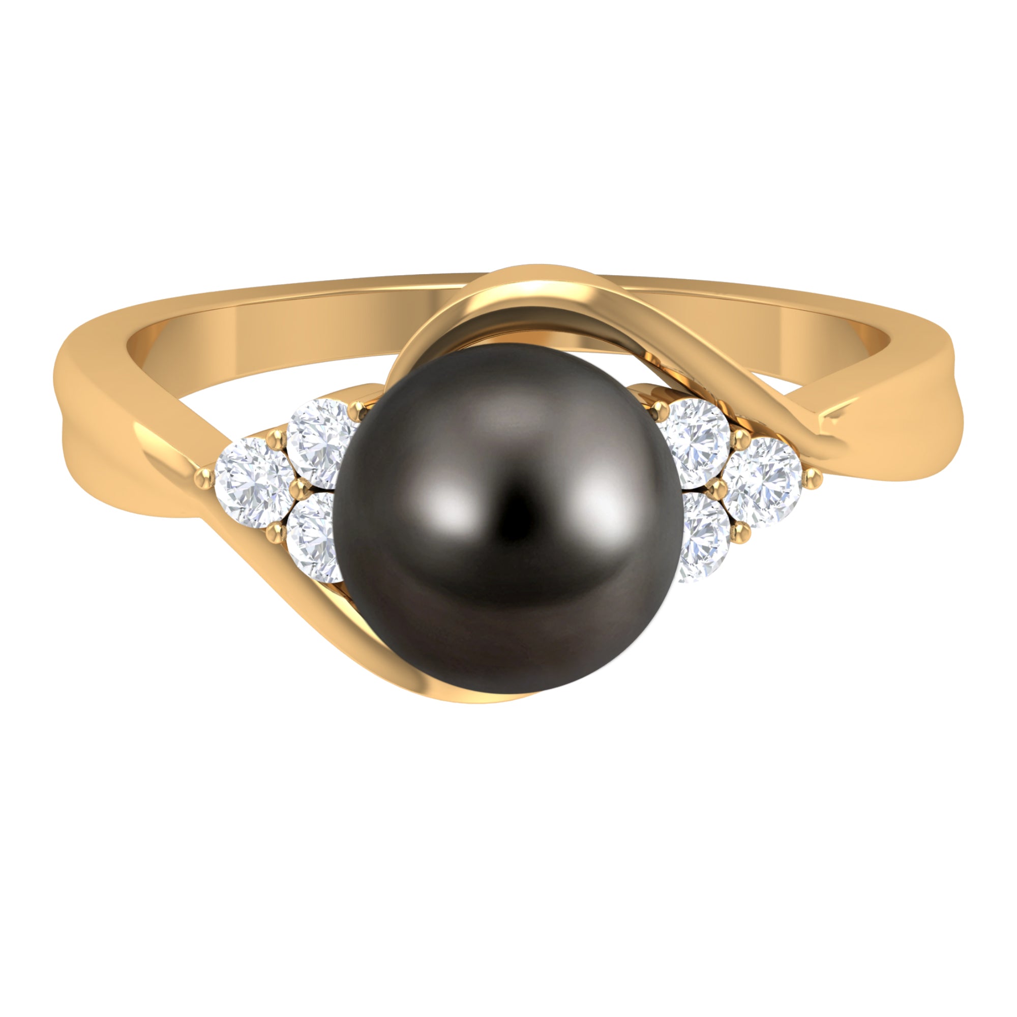Rosec Jewels-Bypass Tahitian Pearl Engagement Ring with Diamond Trio
