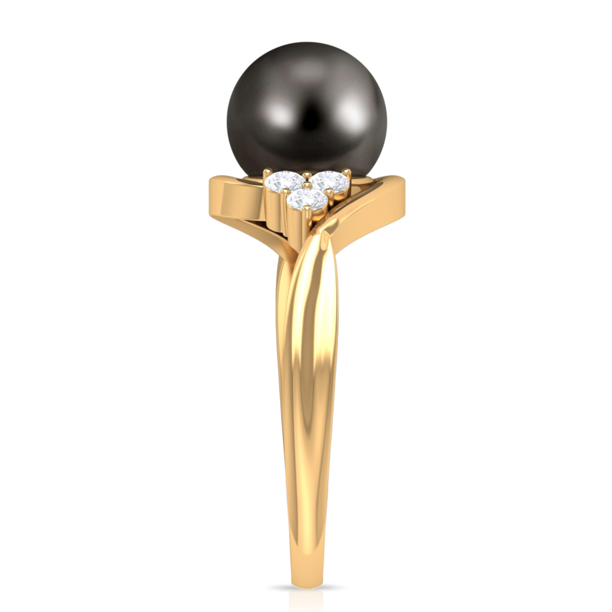 Rosec Jewels-Bypass Tahitian Pearl Engagement Ring with Diamond Trio