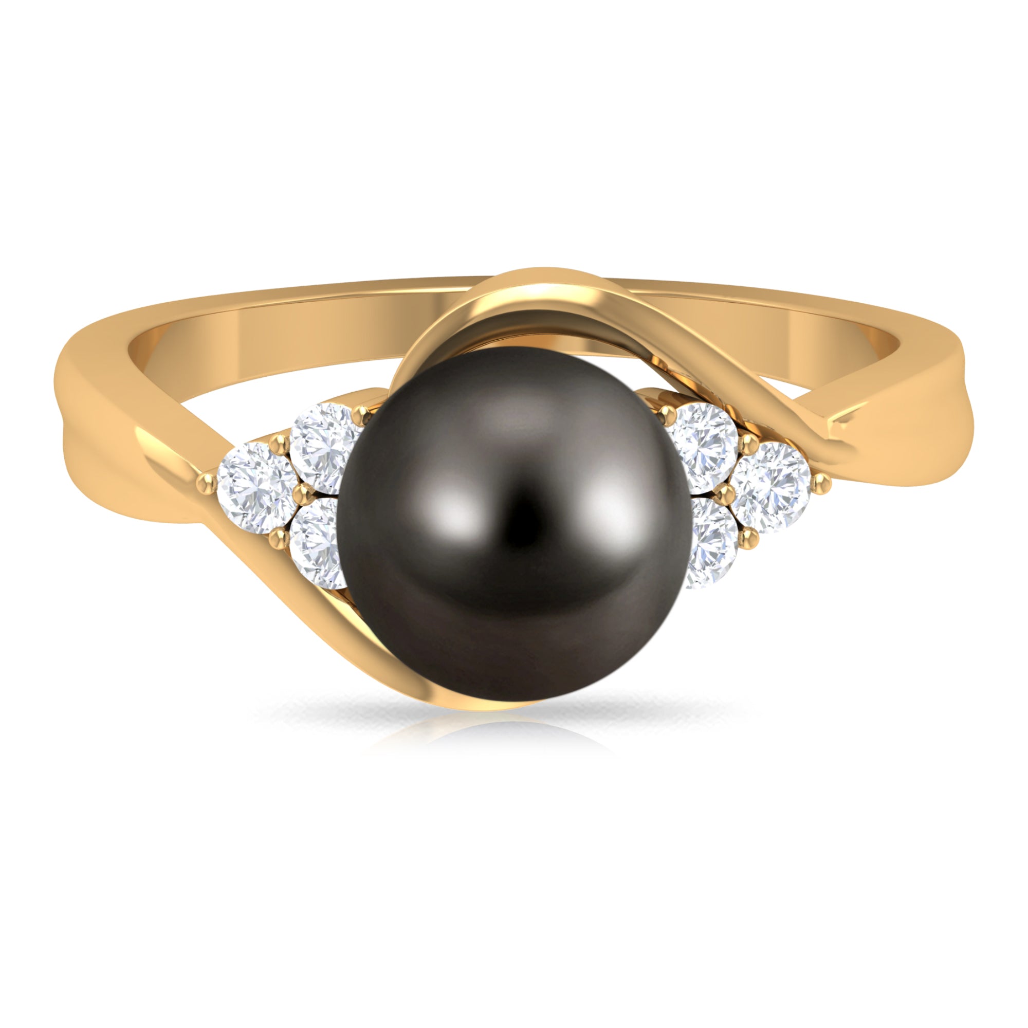 Rosec Jewels-Bypass Tahitian Pearl Engagement Ring with Diamond Trio