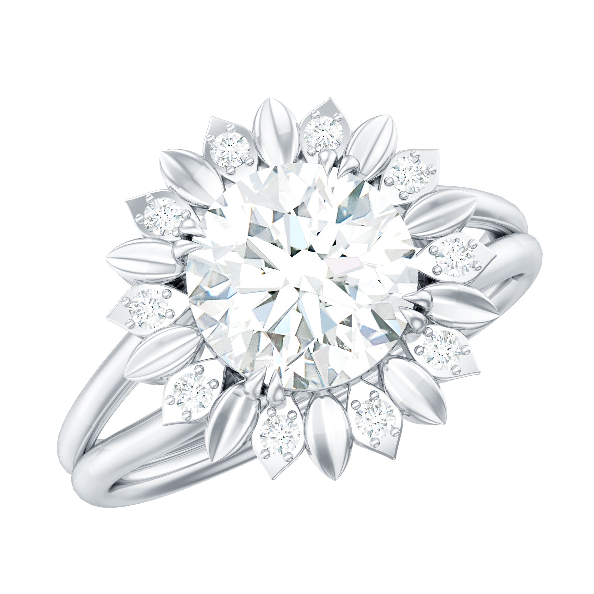 Rosec Jewels-Round Cut Solitaire Zircon Gold Flower Engagement Ring in Split Shank