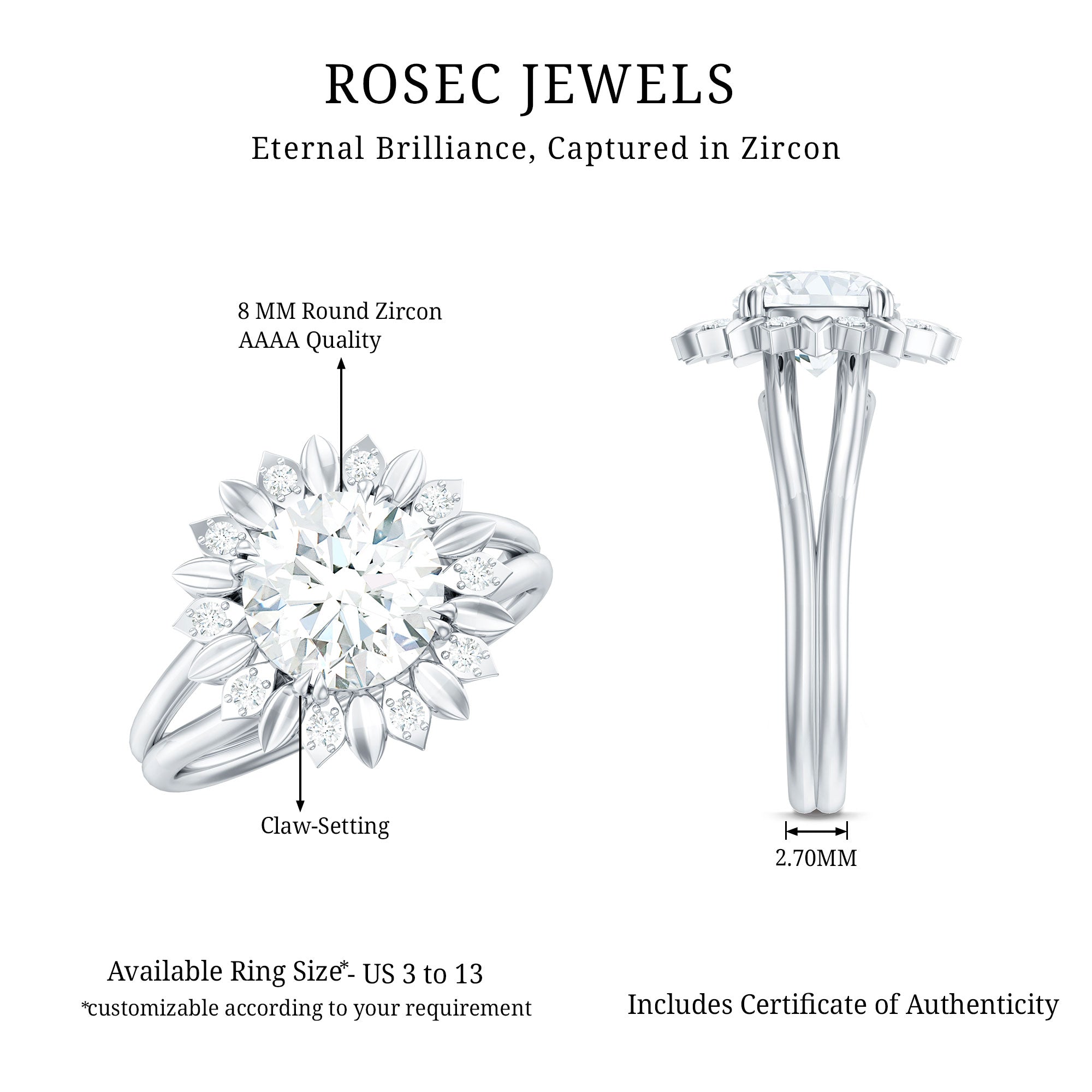 Rosec Jewels-Round Cut Solitaire Zircon Gold Flower Engagement Ring in Split Shank