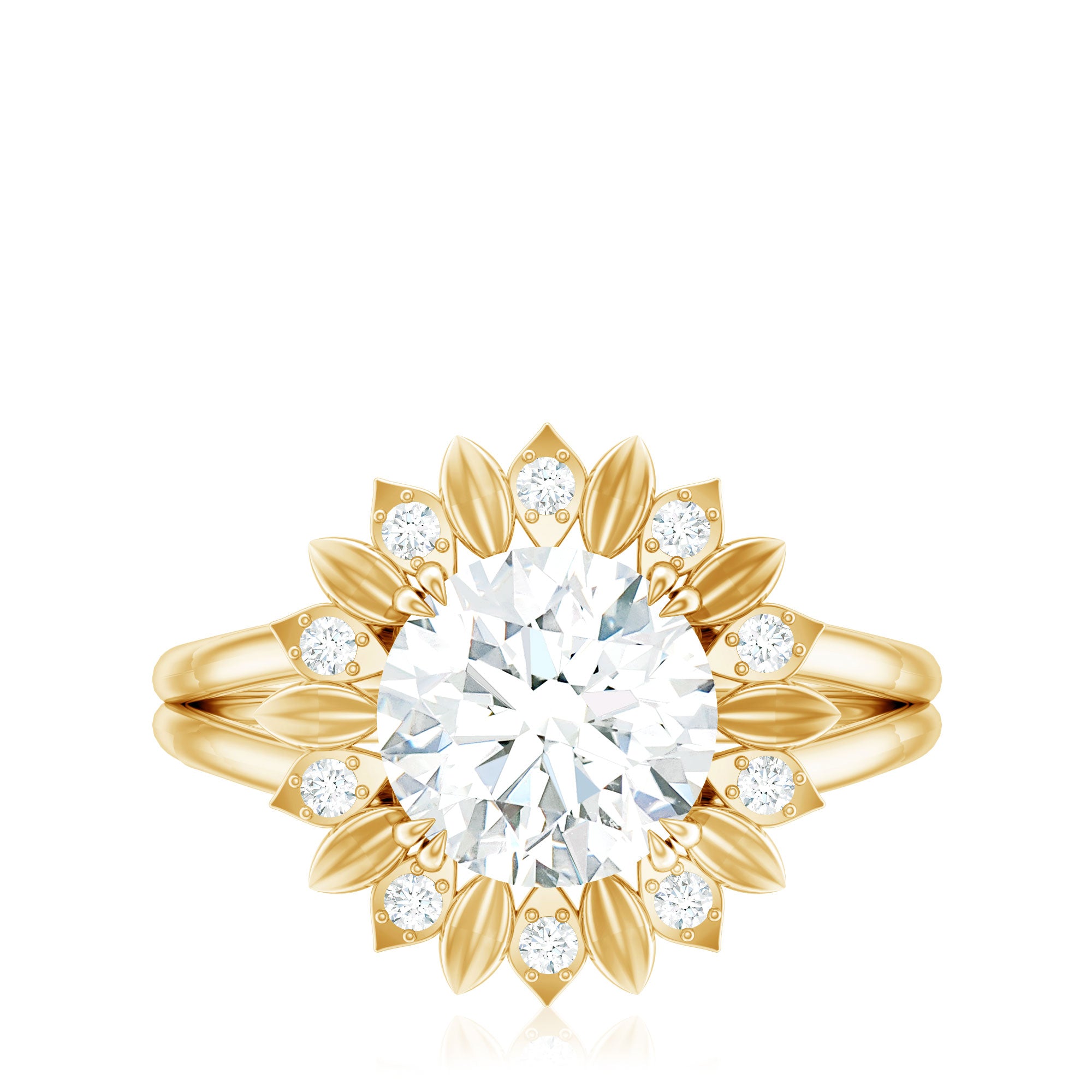 Rosec Jewels-Round Cut Solitaire Zircon Gold Flower Engagement Ring in Split Shank