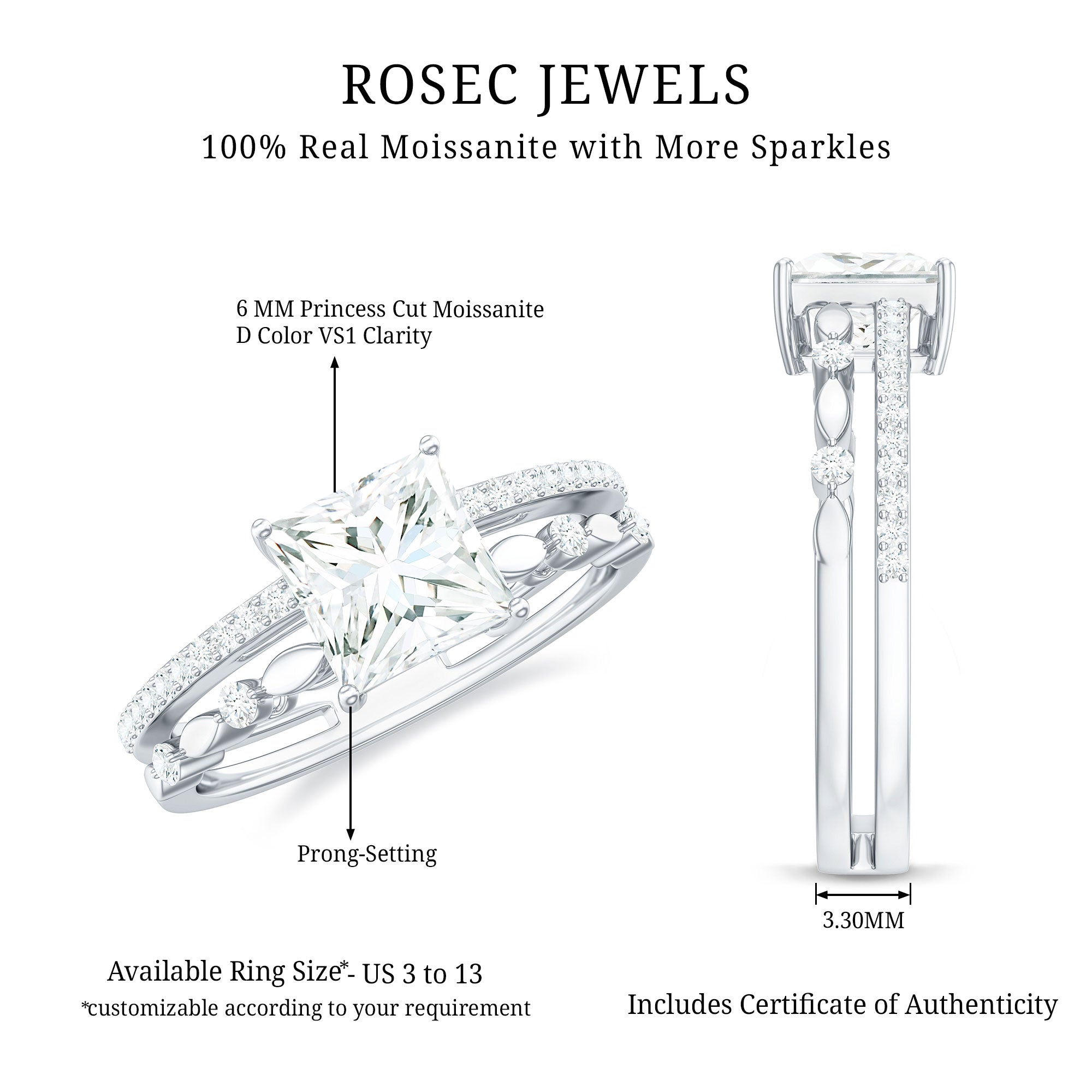 Rosec Jewels-Moissanite Square Cut Engagement Ring With Certificate