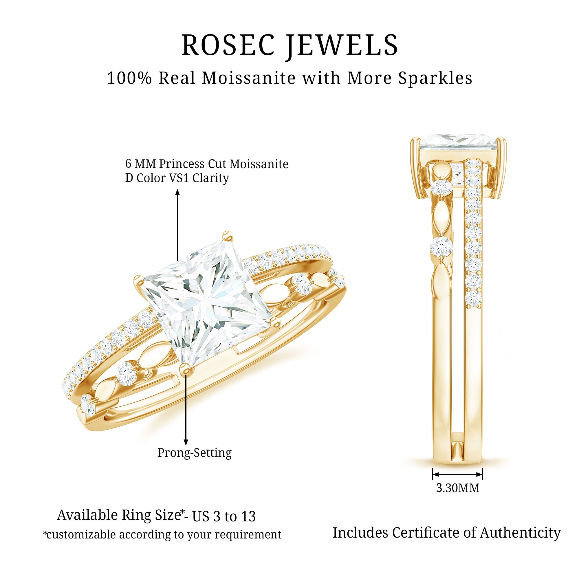 Rosec Jewels-Moissanite Square Cut Engagement Ring With Certificate
