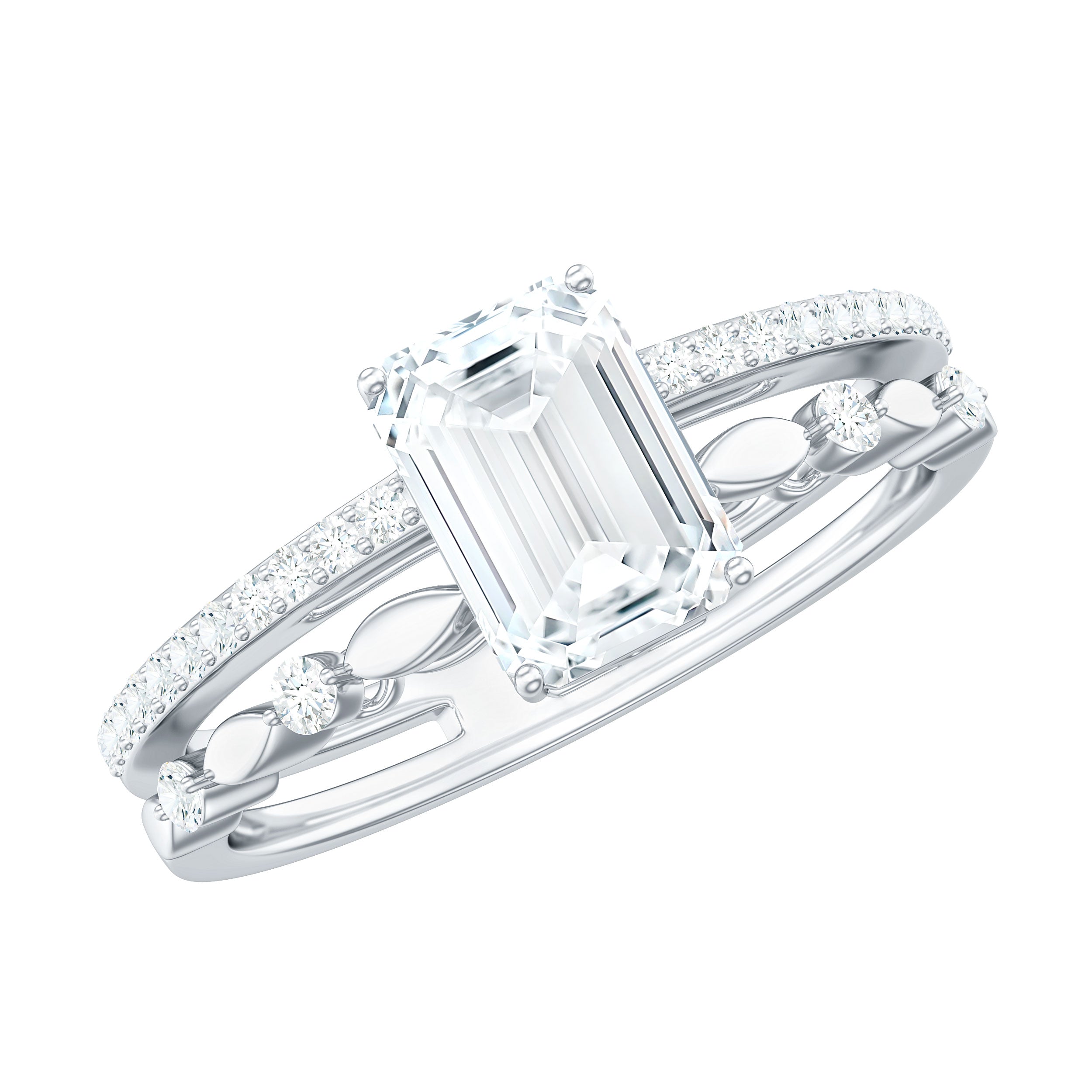 6X8 mm Emerald Cut Moissanite Solitaire Engagement Double Band Ring